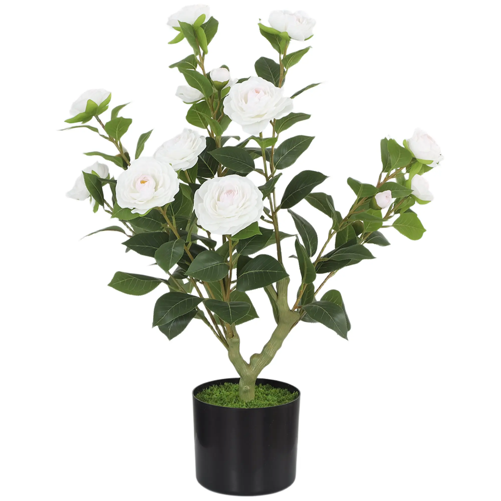 65cm Artificial Camellia Plant in Pot with 116 Silk Leaves and Moss Base