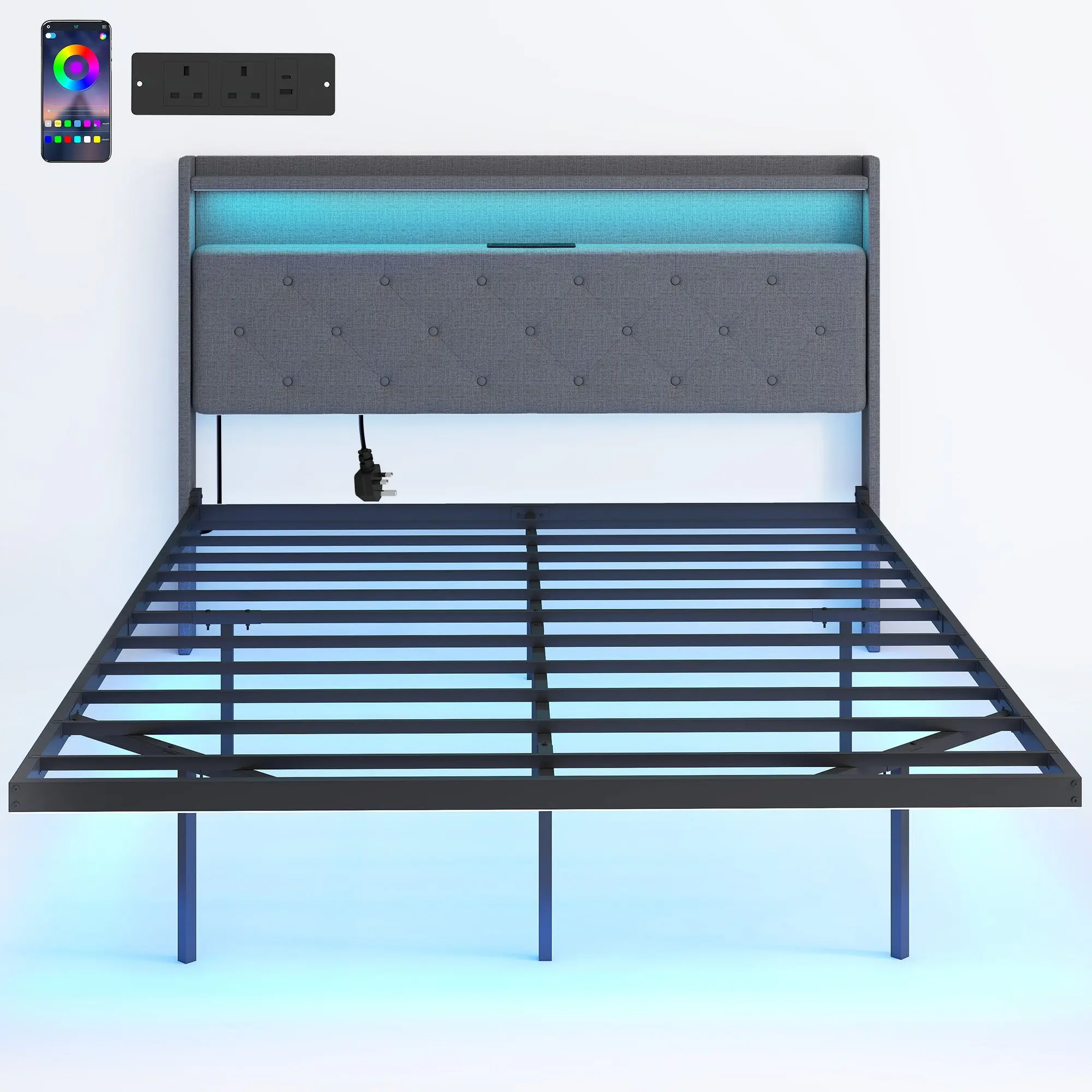 4ft6 Double Bed Frame with Music Sync RGB LED Lights and Charging Station, Grey