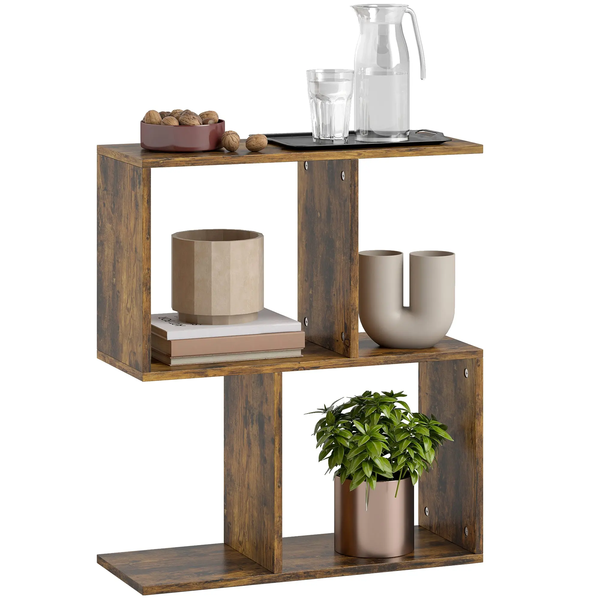 S-Shaped Narrow End Table with 3-Tier Shelves, 19.7" W x 7.7" D x 22.8" H, Rustic Brown