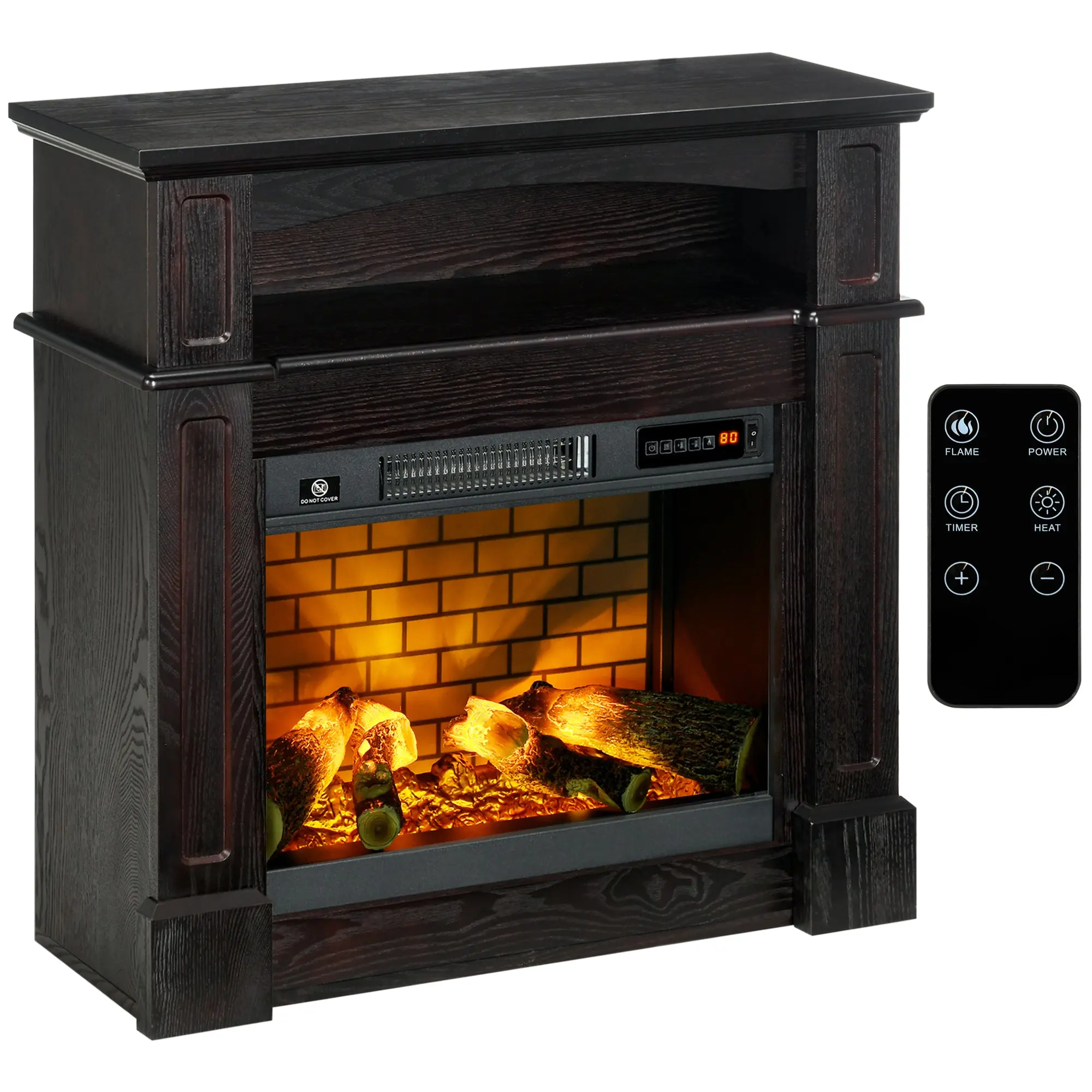 32" Electric Fireplace Heater with Mantel, Adjustable Flame & Remote Control, 700W/1400W, Brown