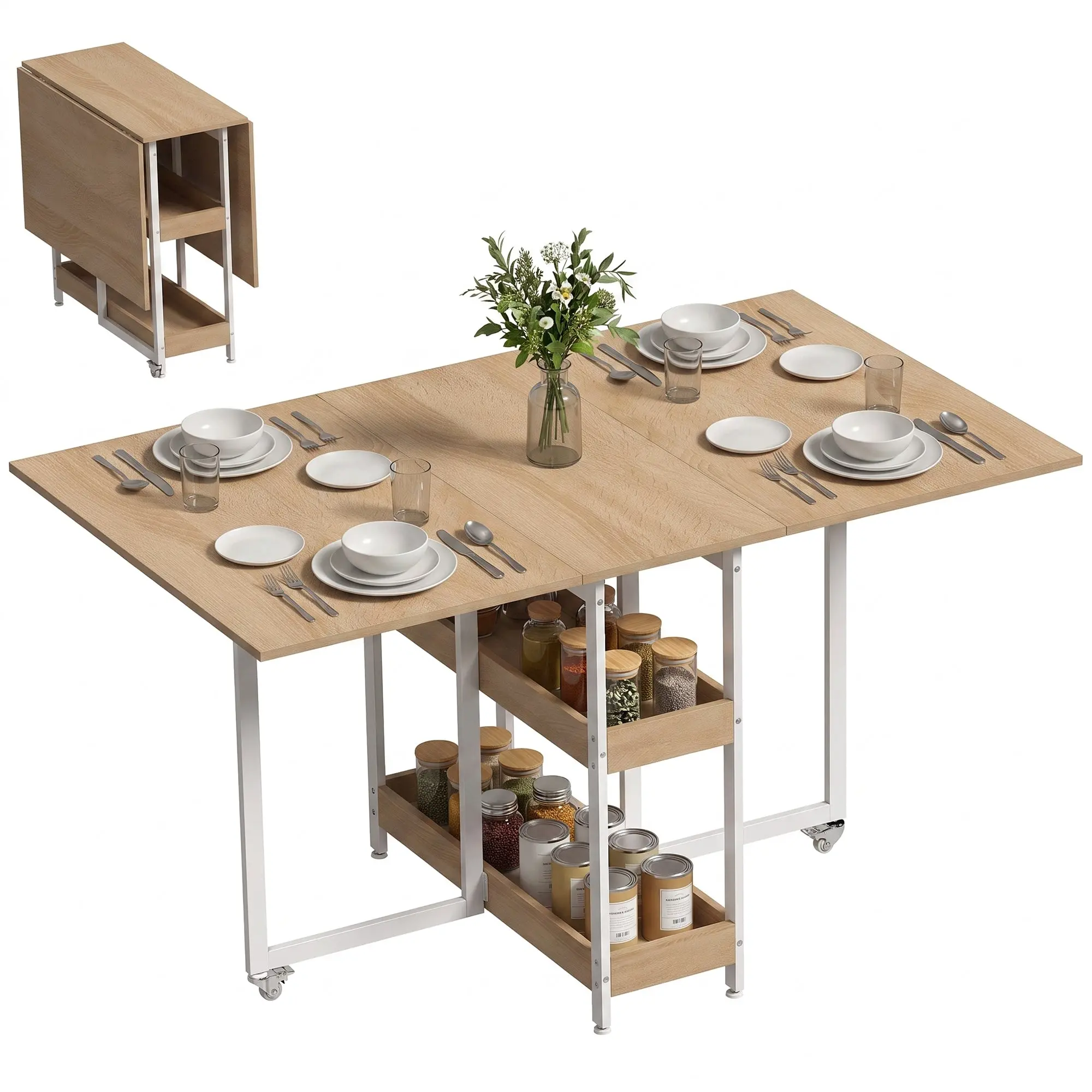 Space-Saving Drop-Leaf Dining Table for 4 with Storage Shelves & Wheels, Natural