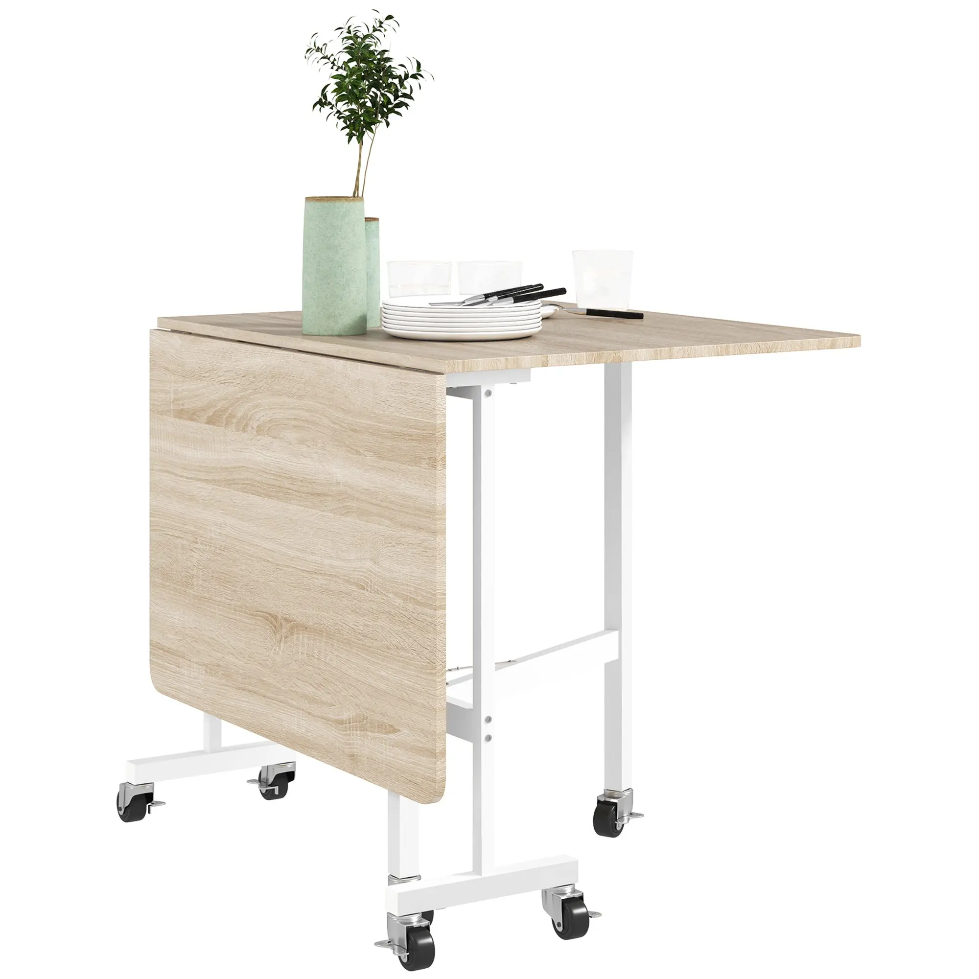 47.2" Drop-Leaf Dining Table with 6 Wheels & Brakes for Small Spaces, Oak