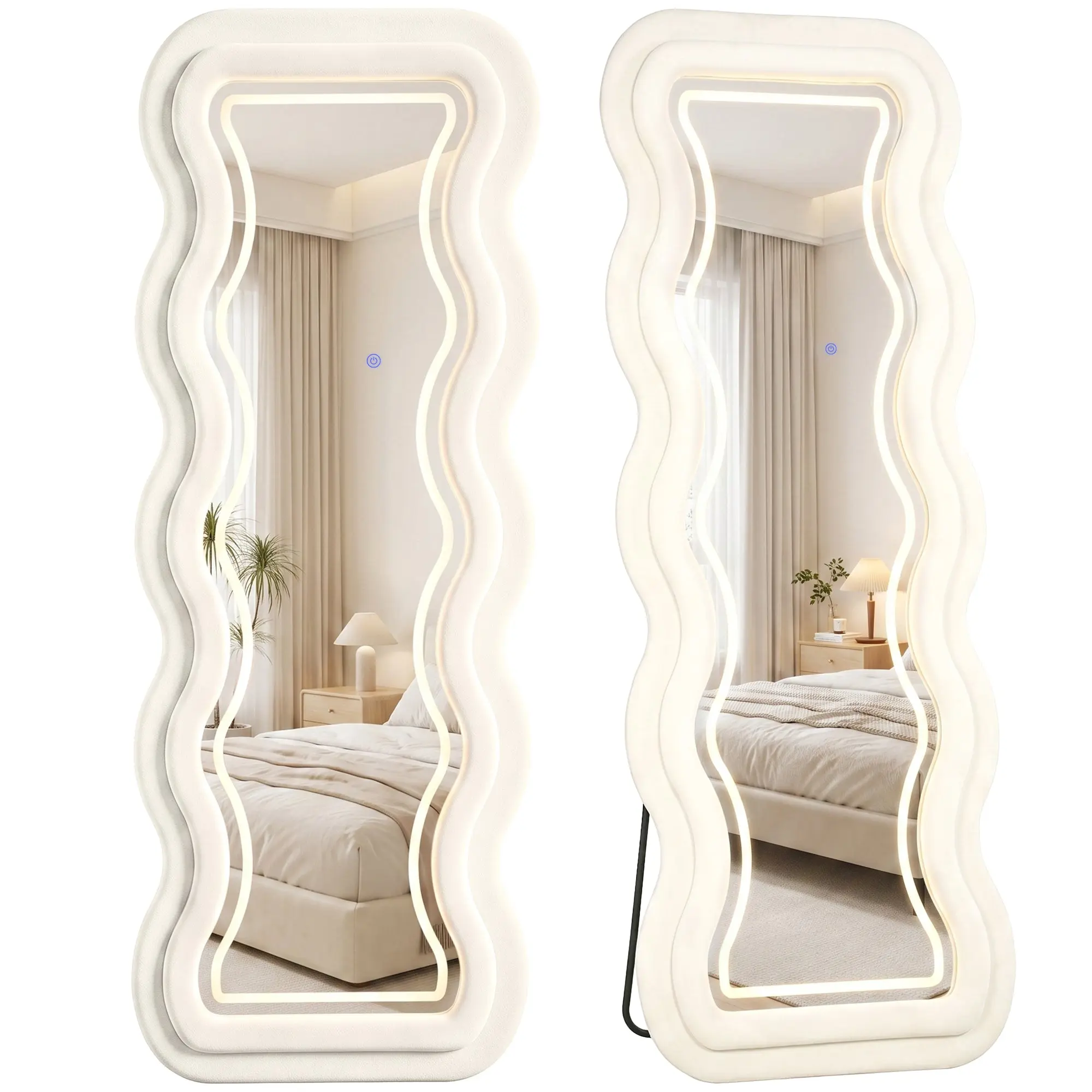Arched 160 x 60 cm Full-Length Mirror with Tempered Glass & Velvet Frame, Cream