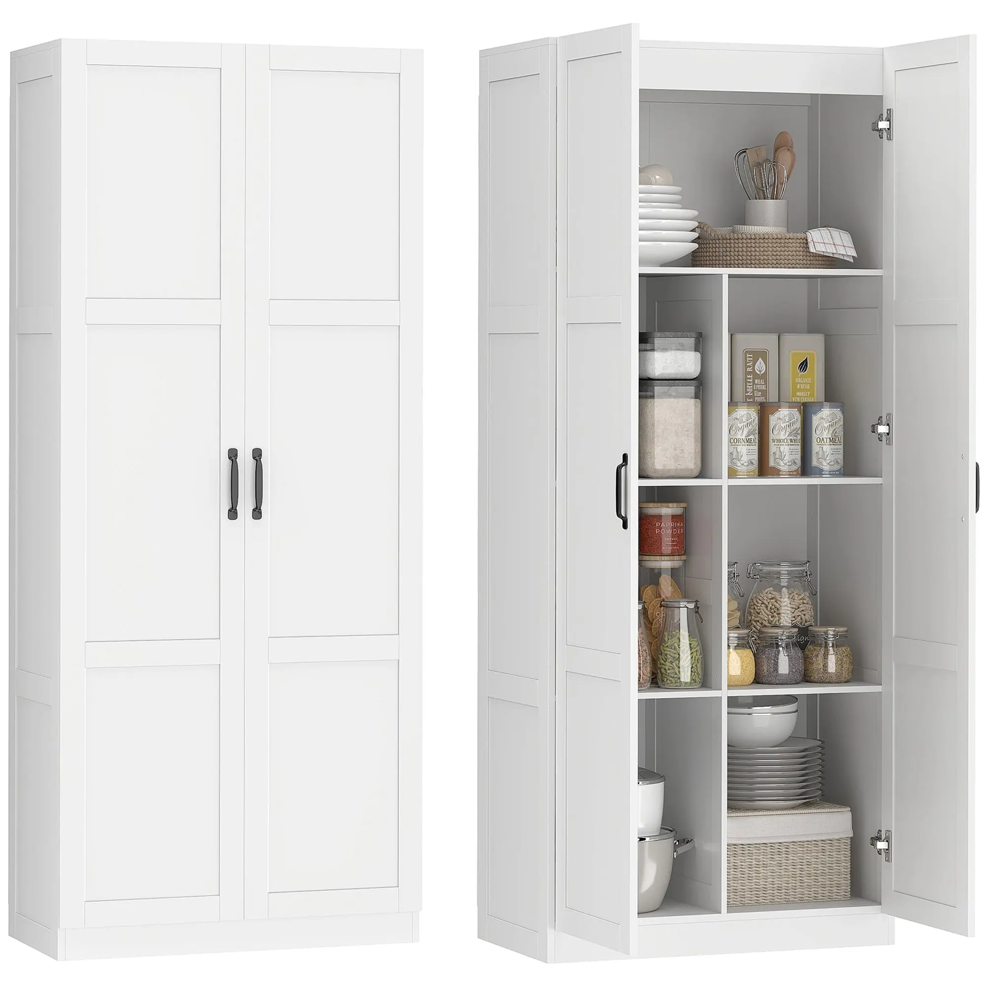 71" Tall White Kitchen Pantry Cabinet with Soft-Close Hinges & 4 Adjustable Shelves, White