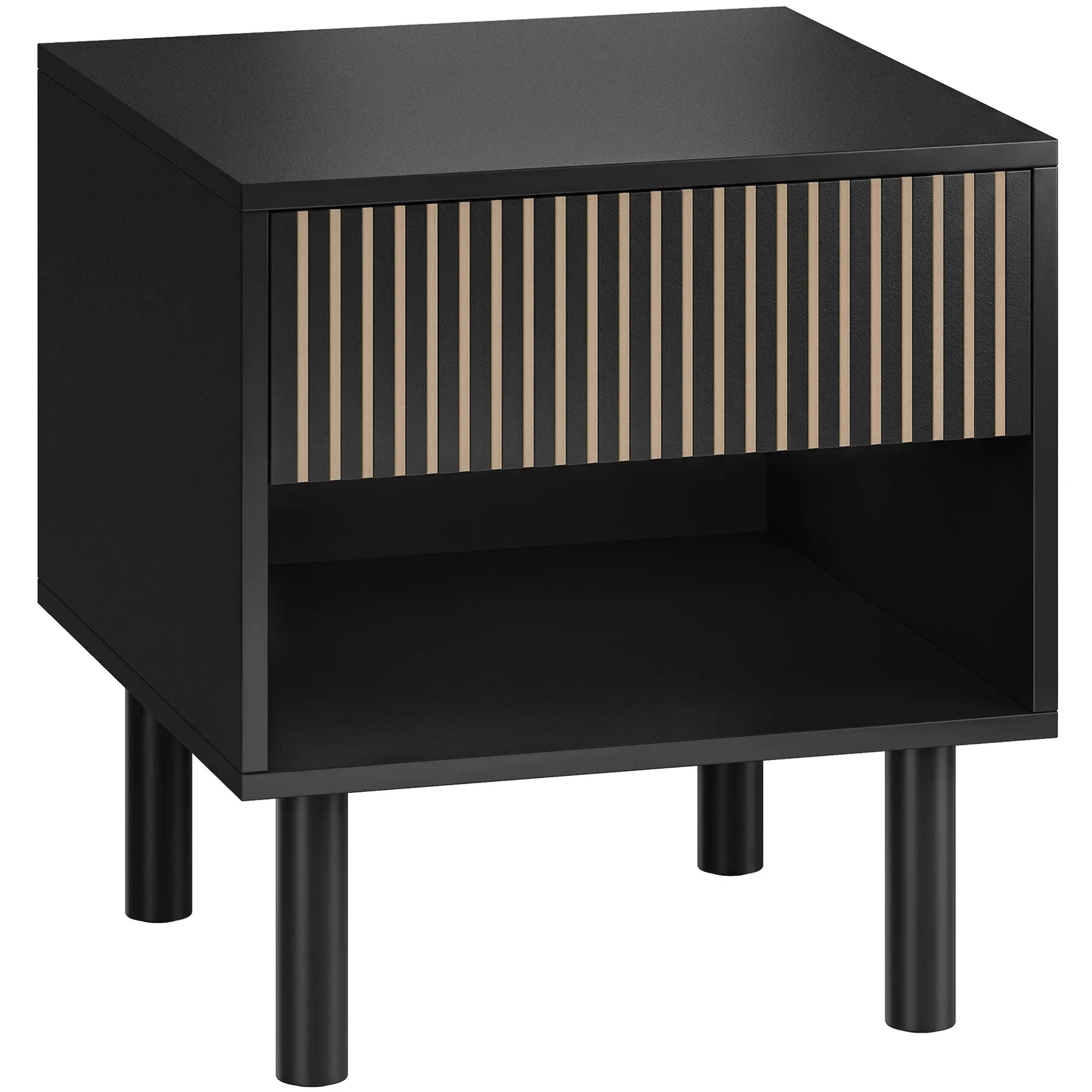 Modern Nightstand with Drawer and Open Shelf, Bedside End Table for Bedroom, Black