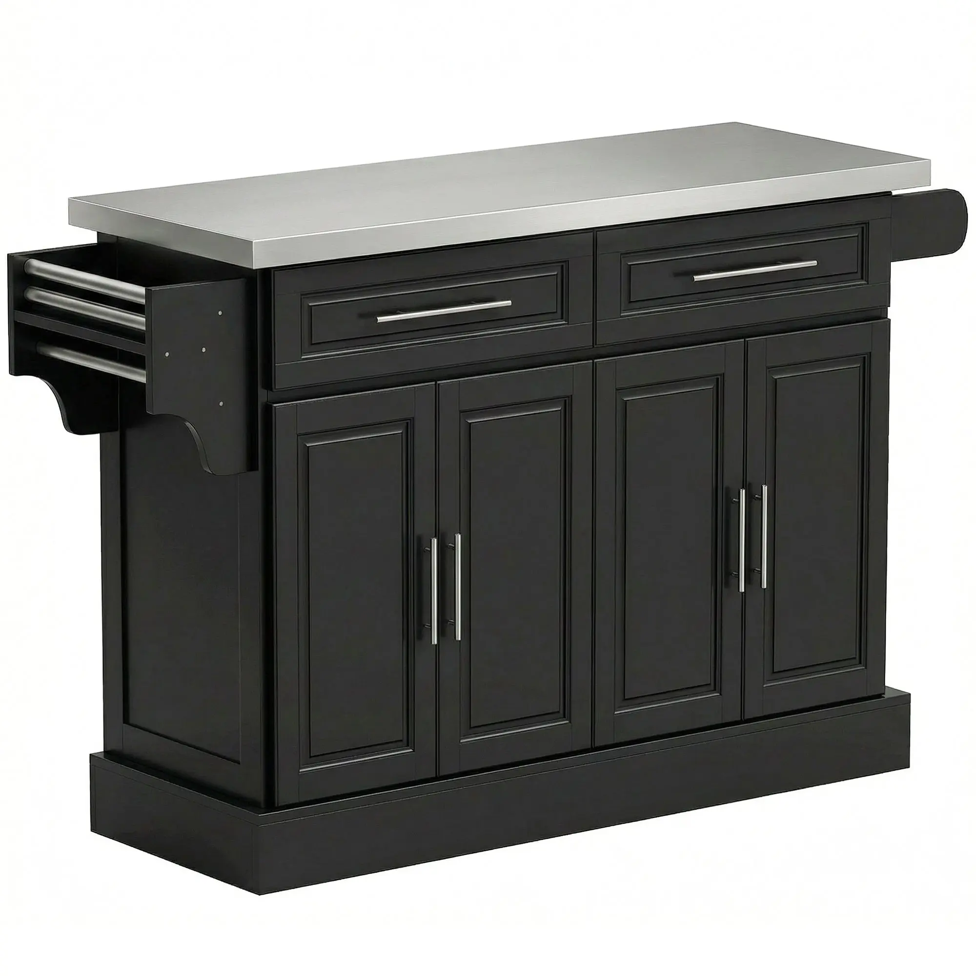 Rolling Kitchen Island with Storage Portable Cart with Stainless Steel Top 2 Drawers Black