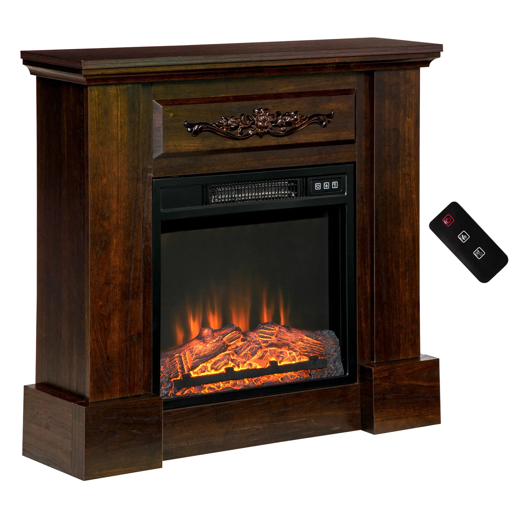 32" Electric Fireplace Heater with Mantel, Log Hearth and Adjustable Flame, 1400W, Brown
