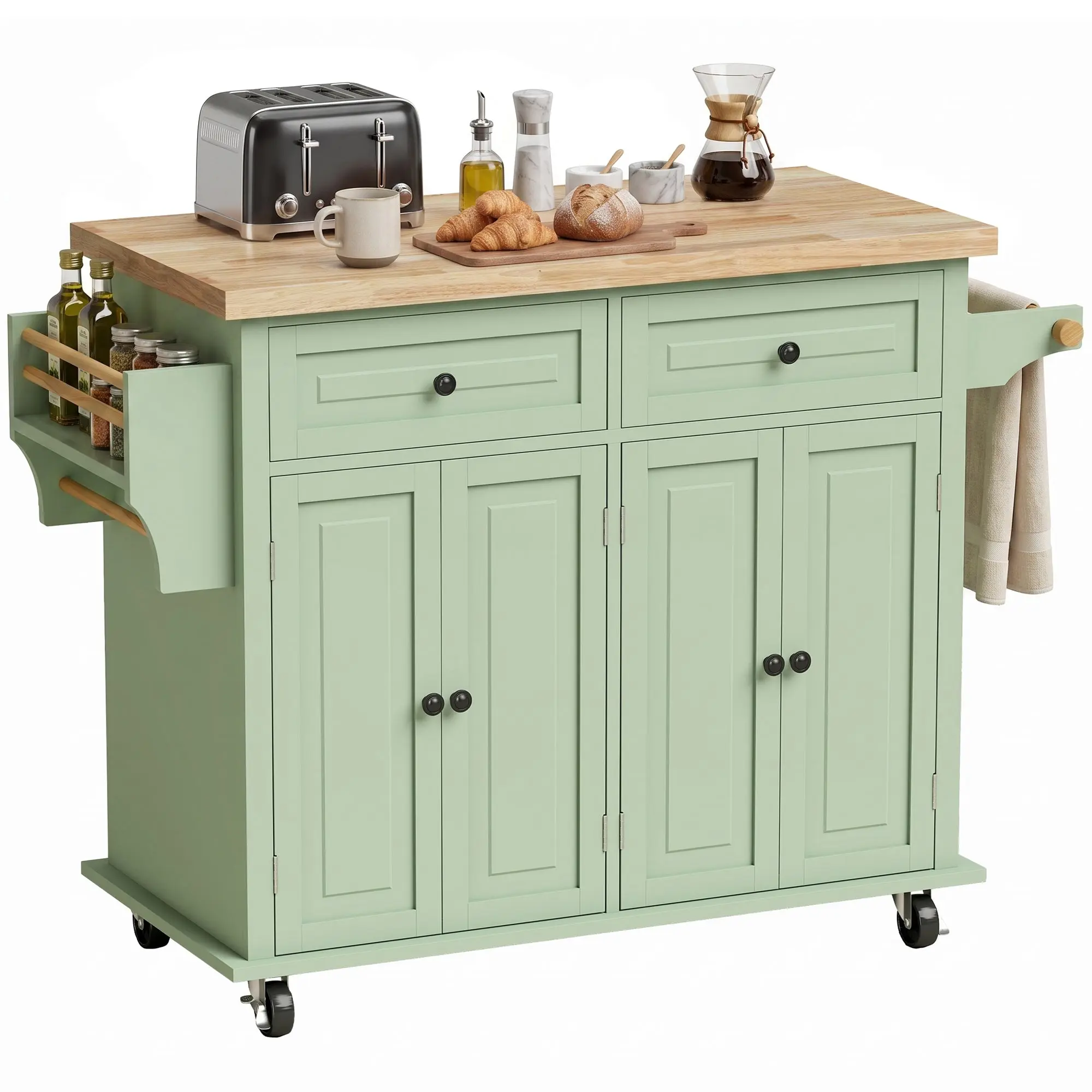 Rolling Kitchen Island with Wood Top, Drawers & Adjustable Shelves, Light Green