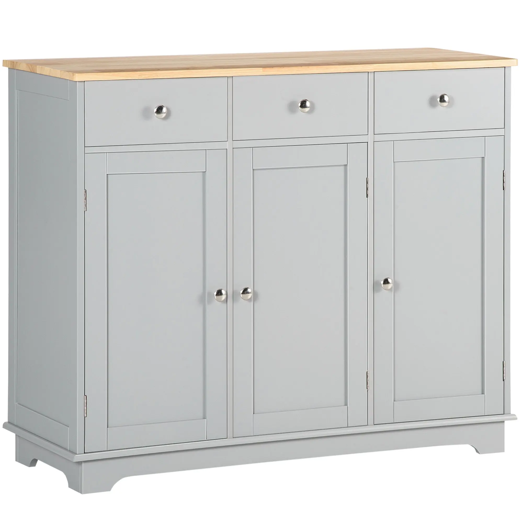 Kitchen Sideboard Floor Cupboard w/ Solid Wood Top, Adjustable Shelf & 3 Drawers, Gray