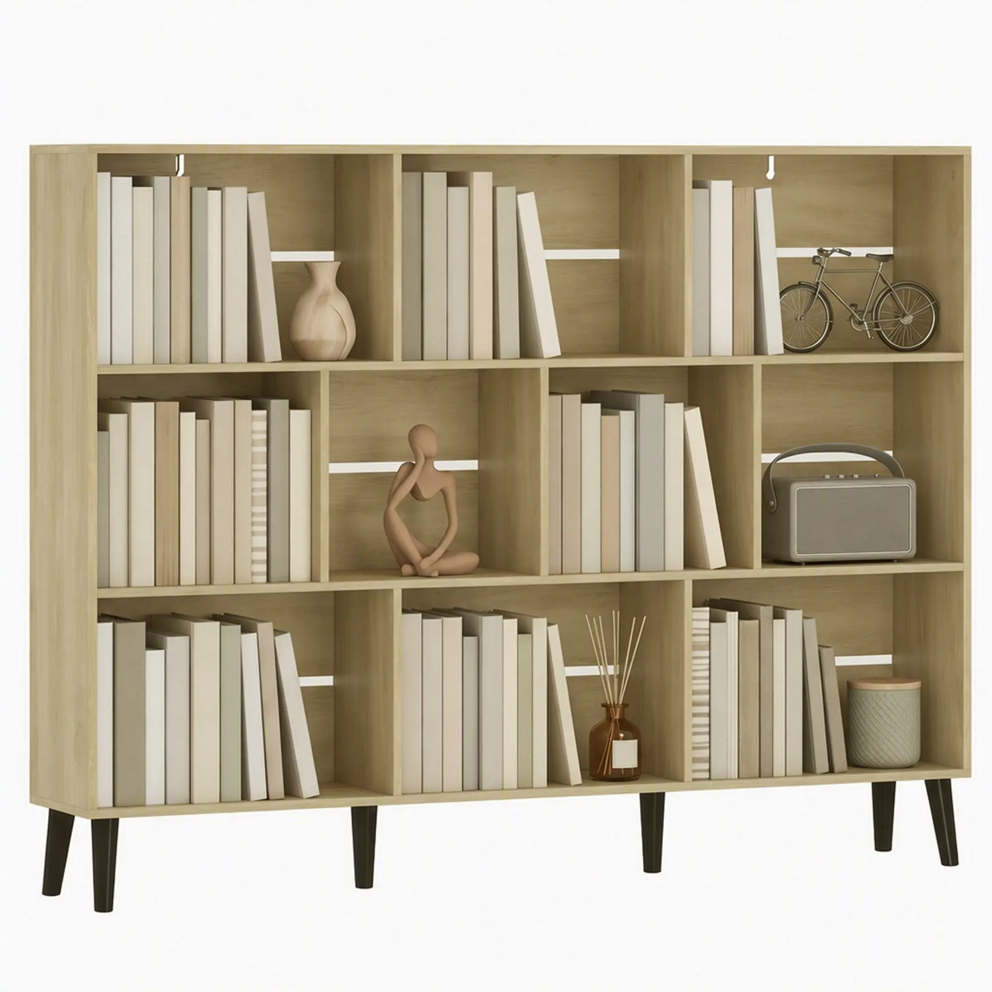 10-Cube 3-Tier Bookshelf with Solid Wood Legs, 140 cm Freestanding Shelf, Oak
