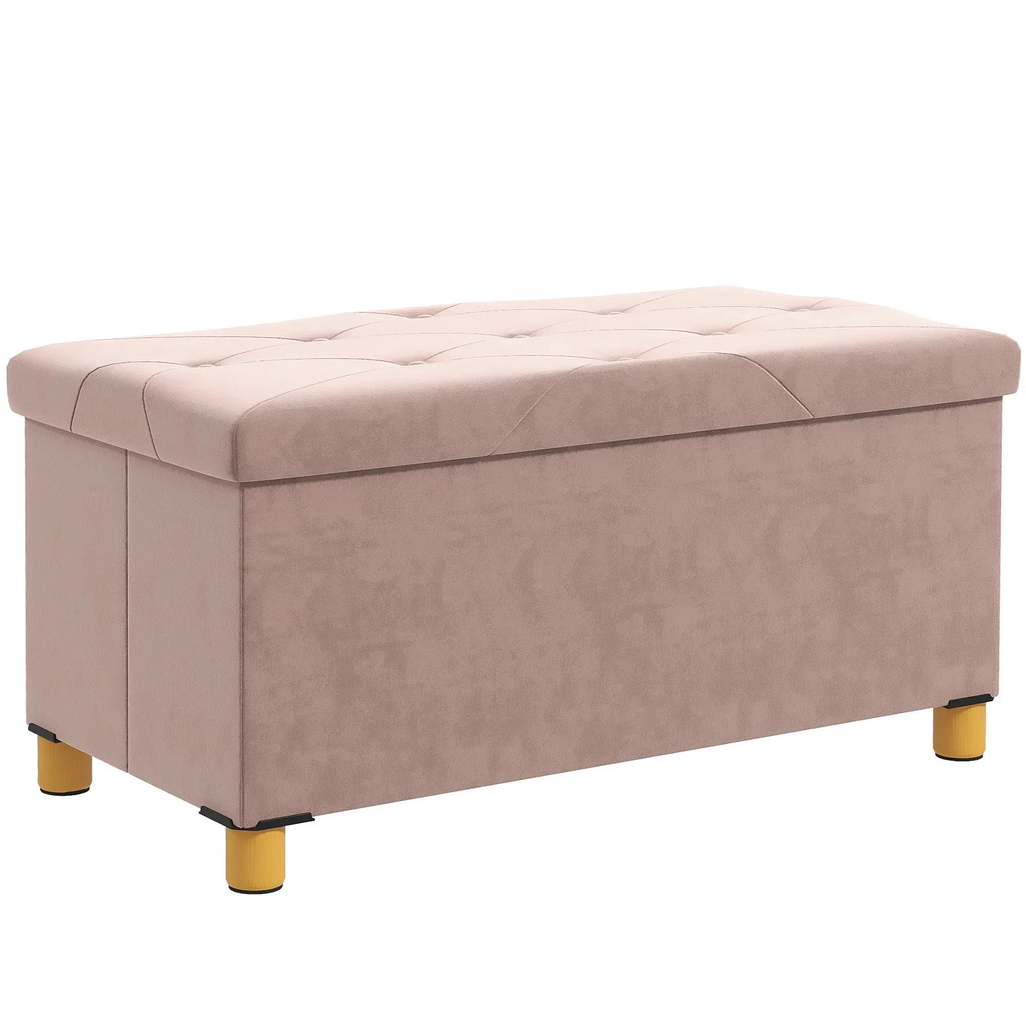 Velvet Upholstered Storage Ottoman Bench with Foldable Design & Wooden Legs, Pink