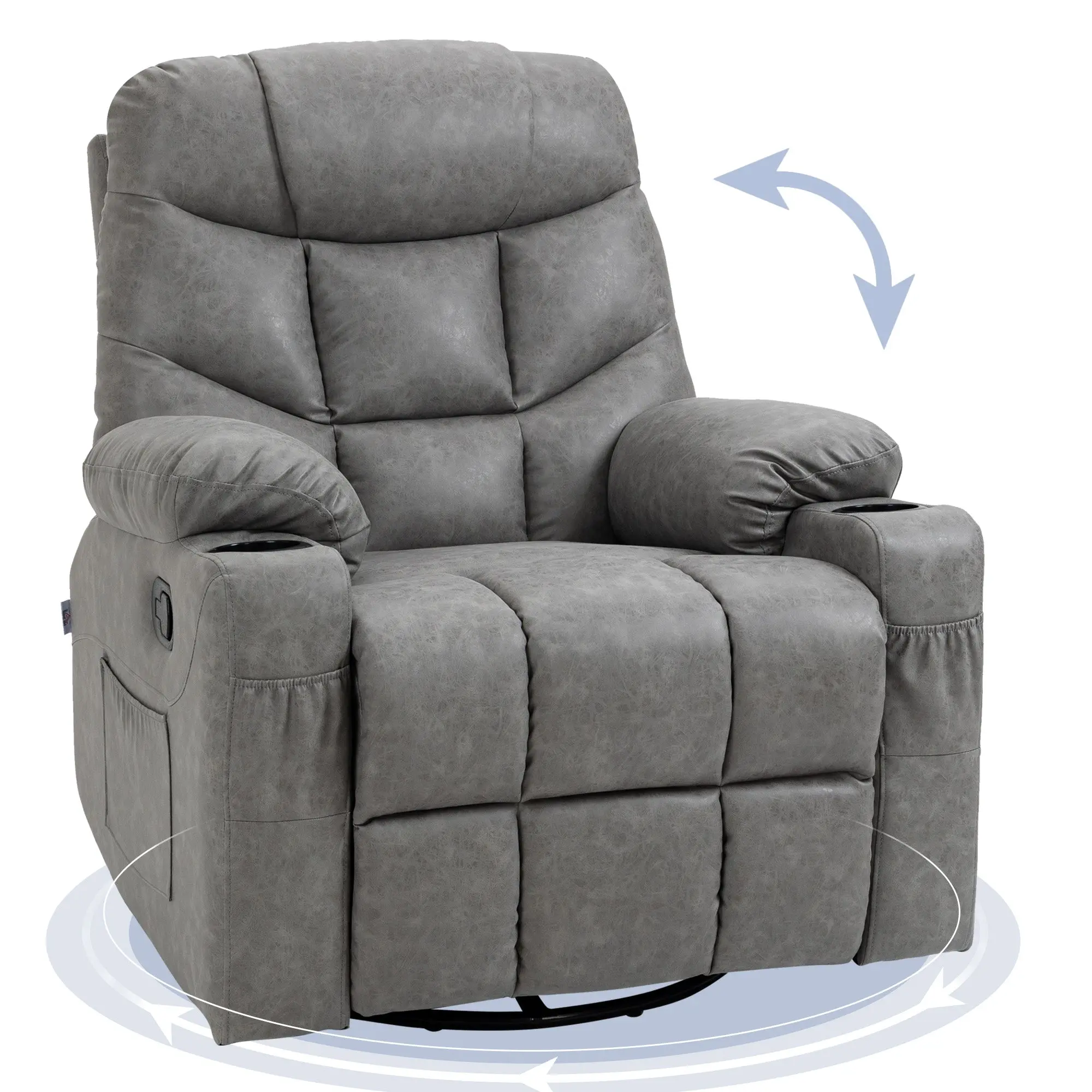 Swivel PU Leather Manual Reclining Chair with Adjustable Footrest, Drink Holders, Light Grey