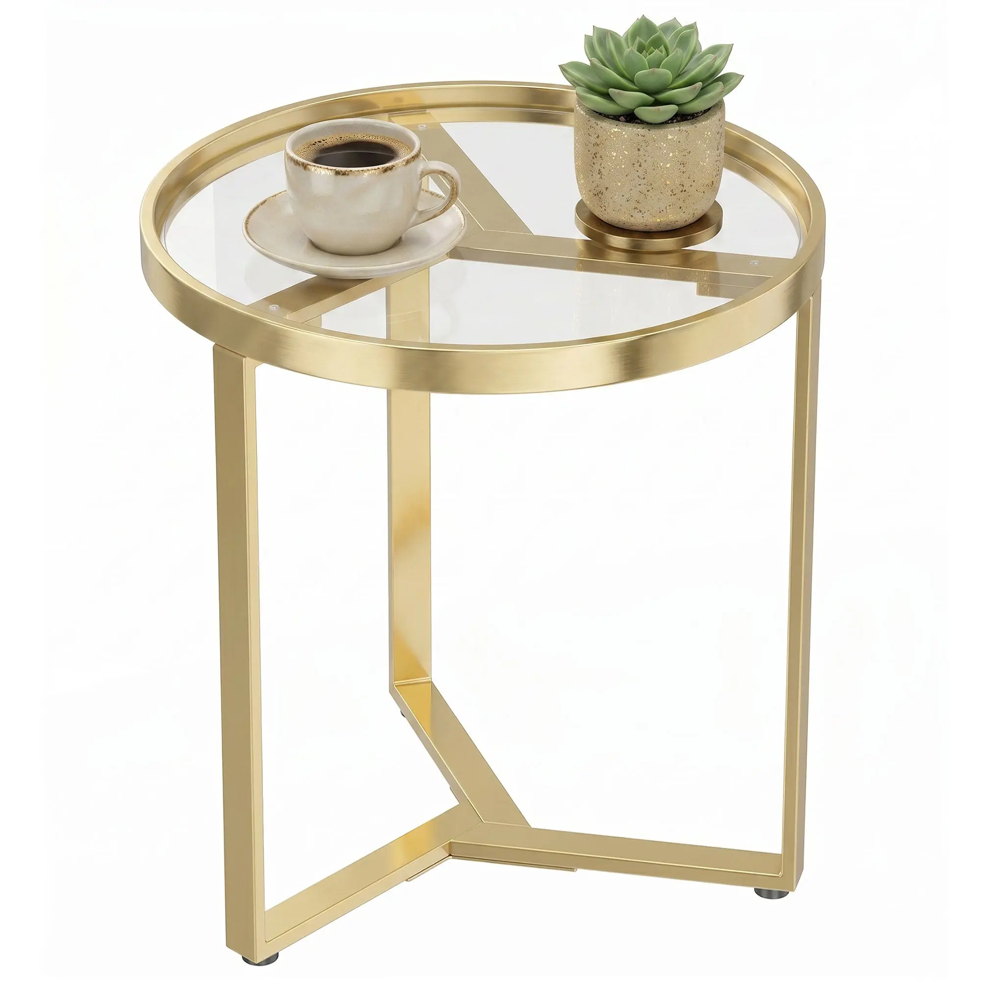 Round Side Table with Tempered Glass Top & Geometric Metal Frame for Small Spaces, Gold Tone