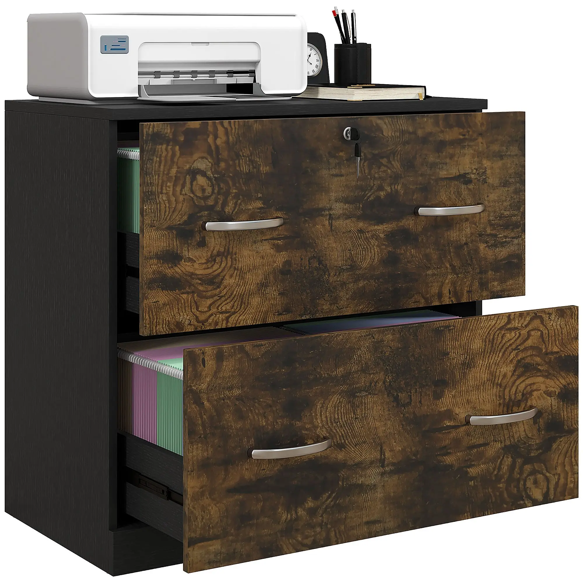 2-Drawer Lateral Filing Cabinet with Lock & Hanging Bar for Letter Size, Rustic Brown