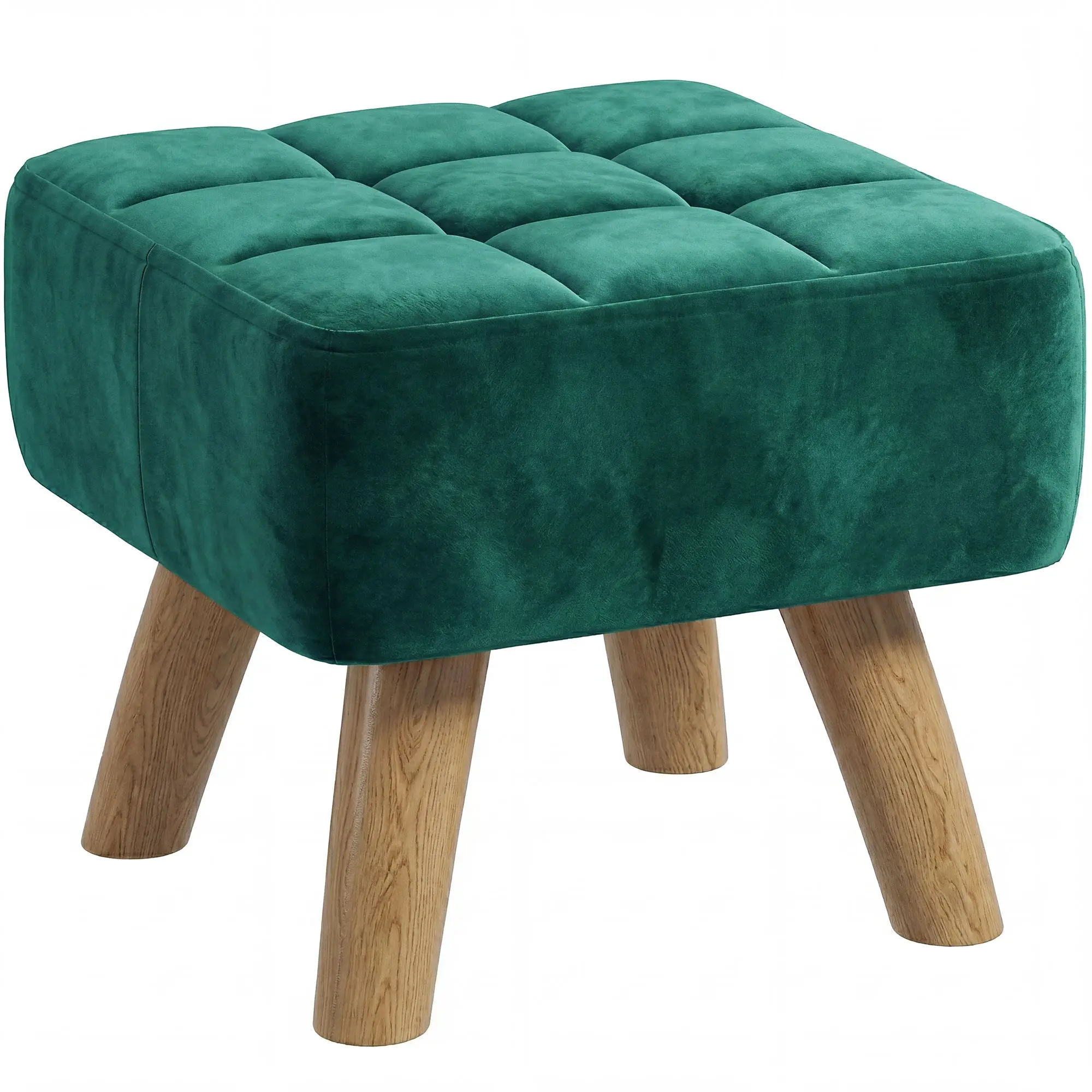 Tufted Fabric Footstool with Padded Seat and Rubber Wood Legs, Dark Green