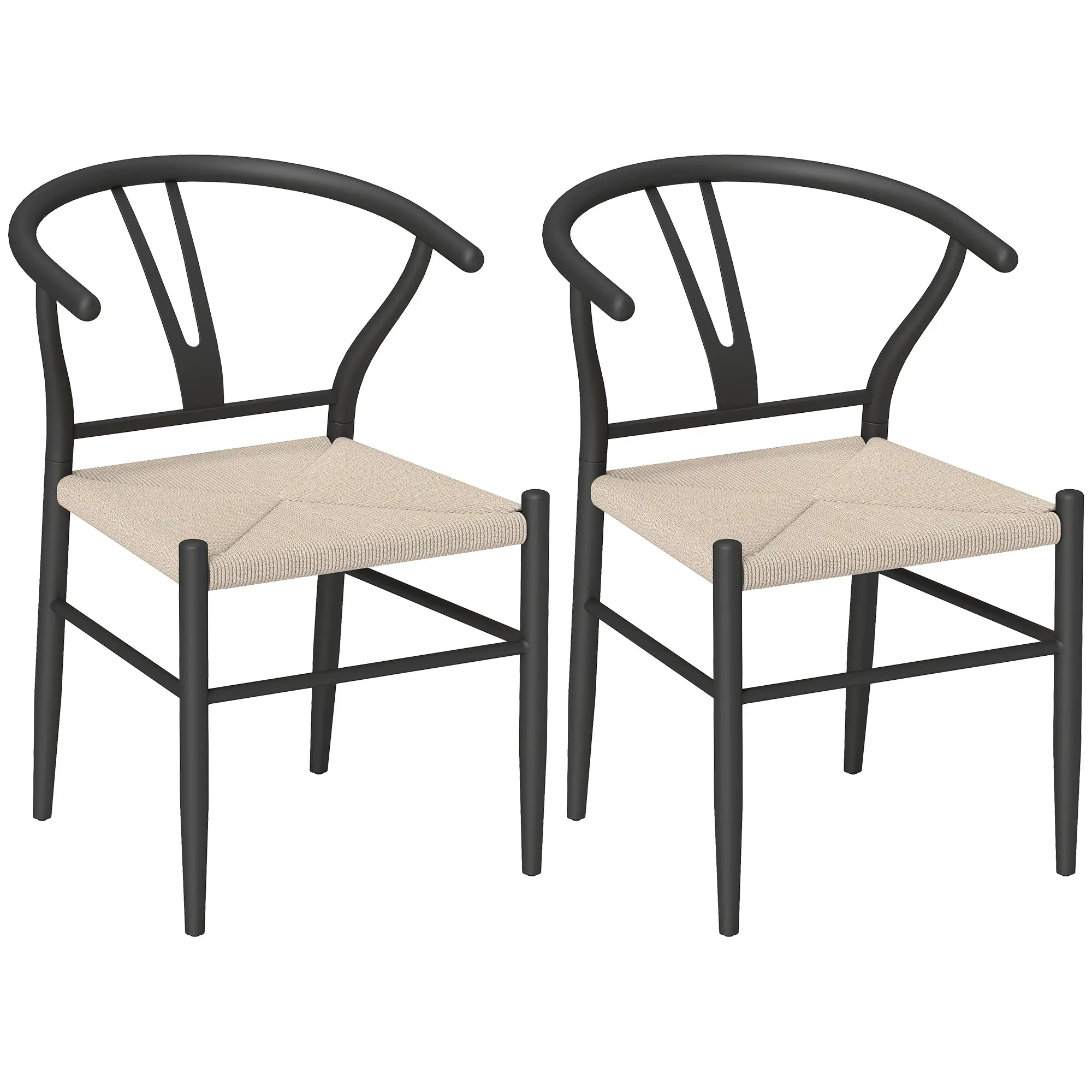 Set of 2 Mid-Century Metal Dining Chairs with Y-Shaped Back and Hemp Seat, Black