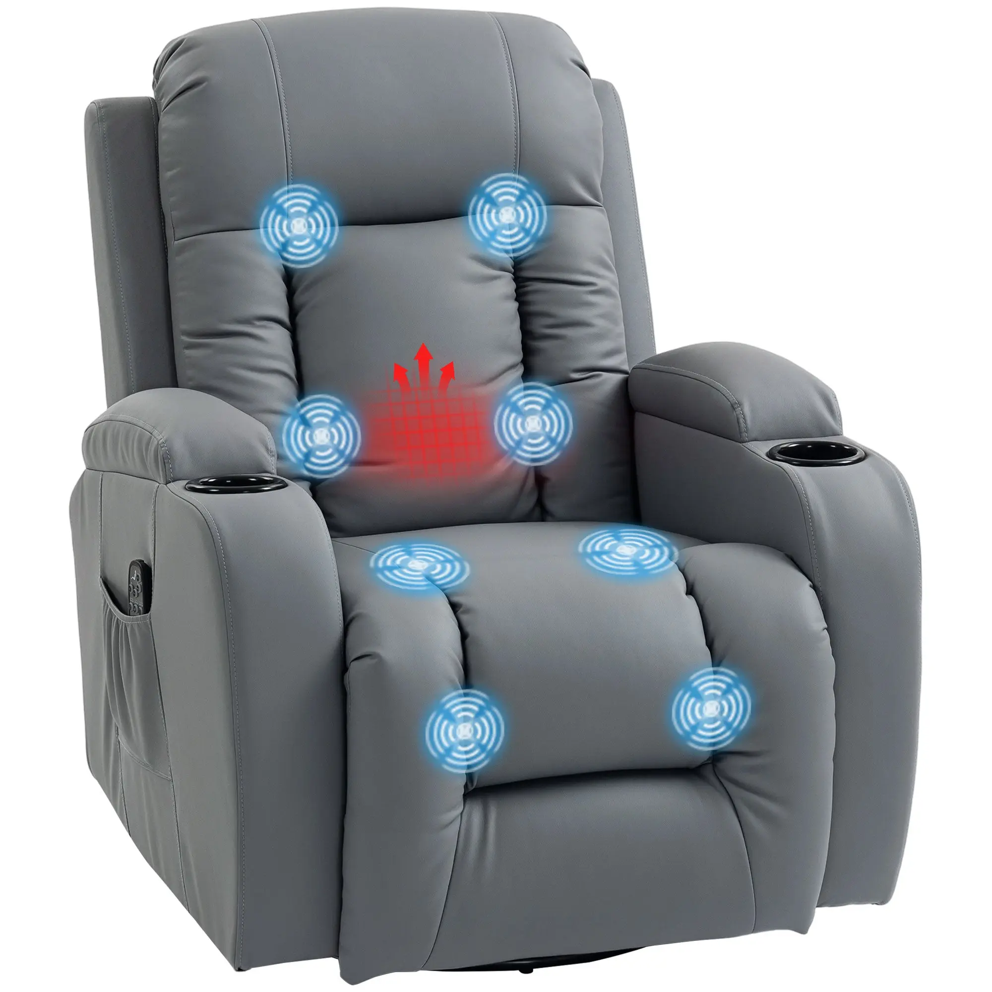 PU Leather Heated Massage Recliner Chair with Swivel & Cup Holders, Grey
