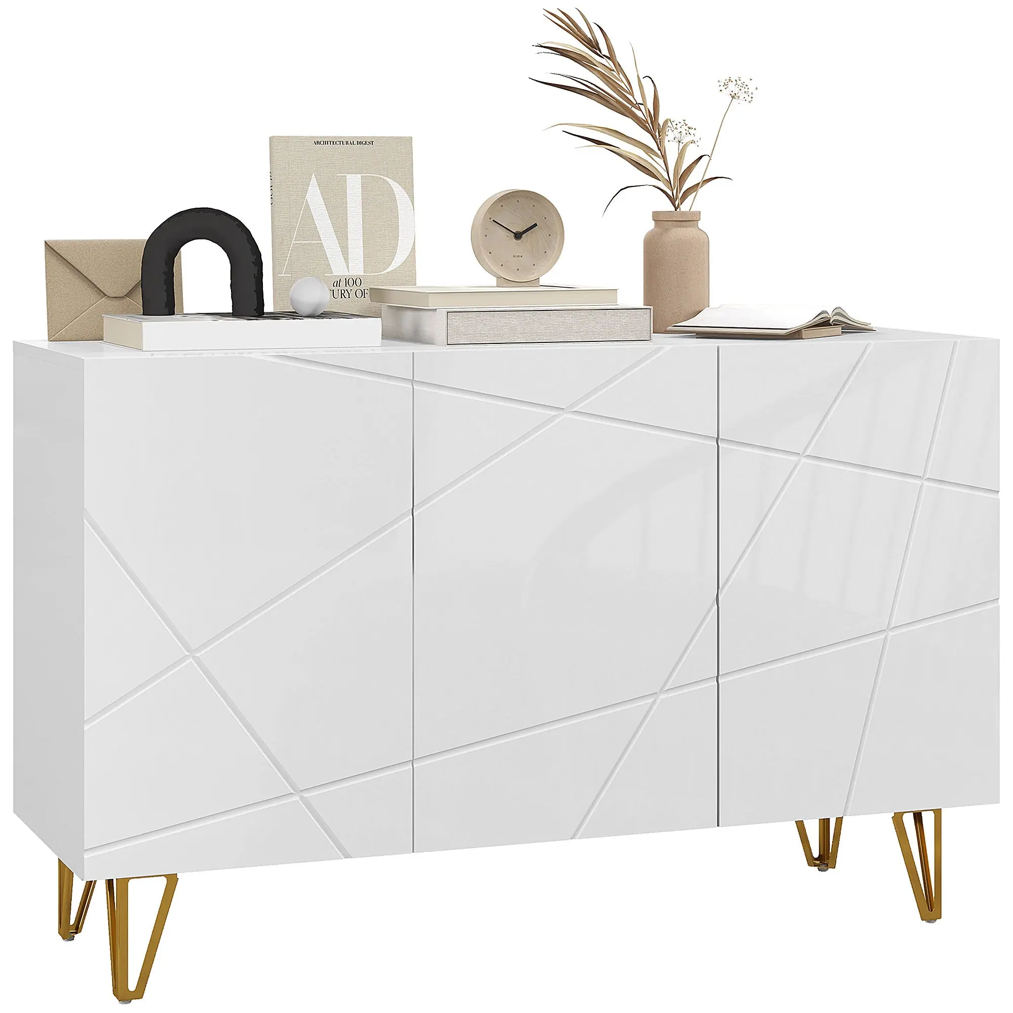 Freestanding High Gloss Sideboard with Adjustable Shelves, Soft-Close Doors & Gold Hairpin Legs, White