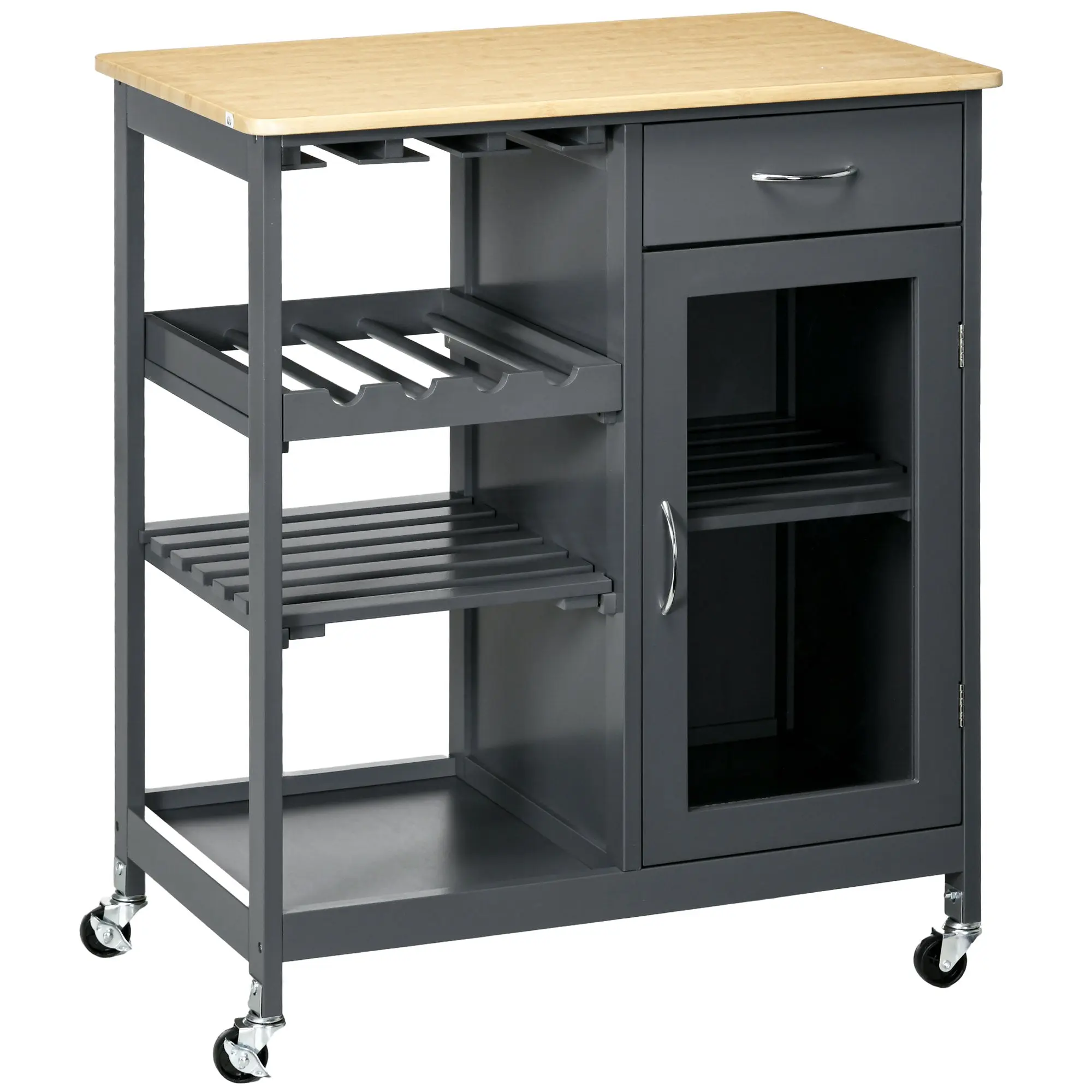 Rolling Kitchen Cart with 4-Bottle Wine Rack, Stemware Holder, Shelves & Drawer, Gray