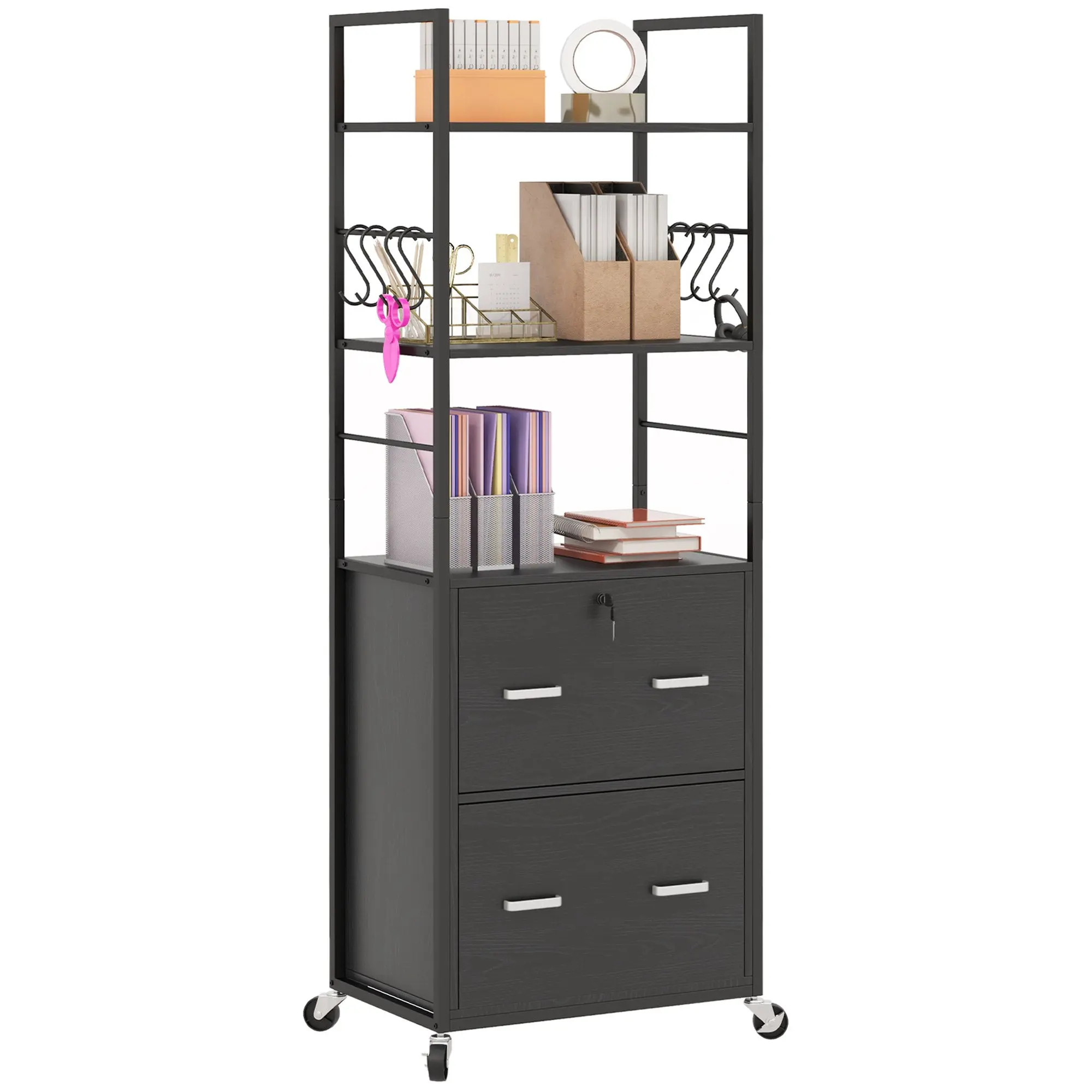67.7" Tall Printer Stand w/ Storage Shelves & Hooks, 2-Drawer Lockable File Cabinet, Black