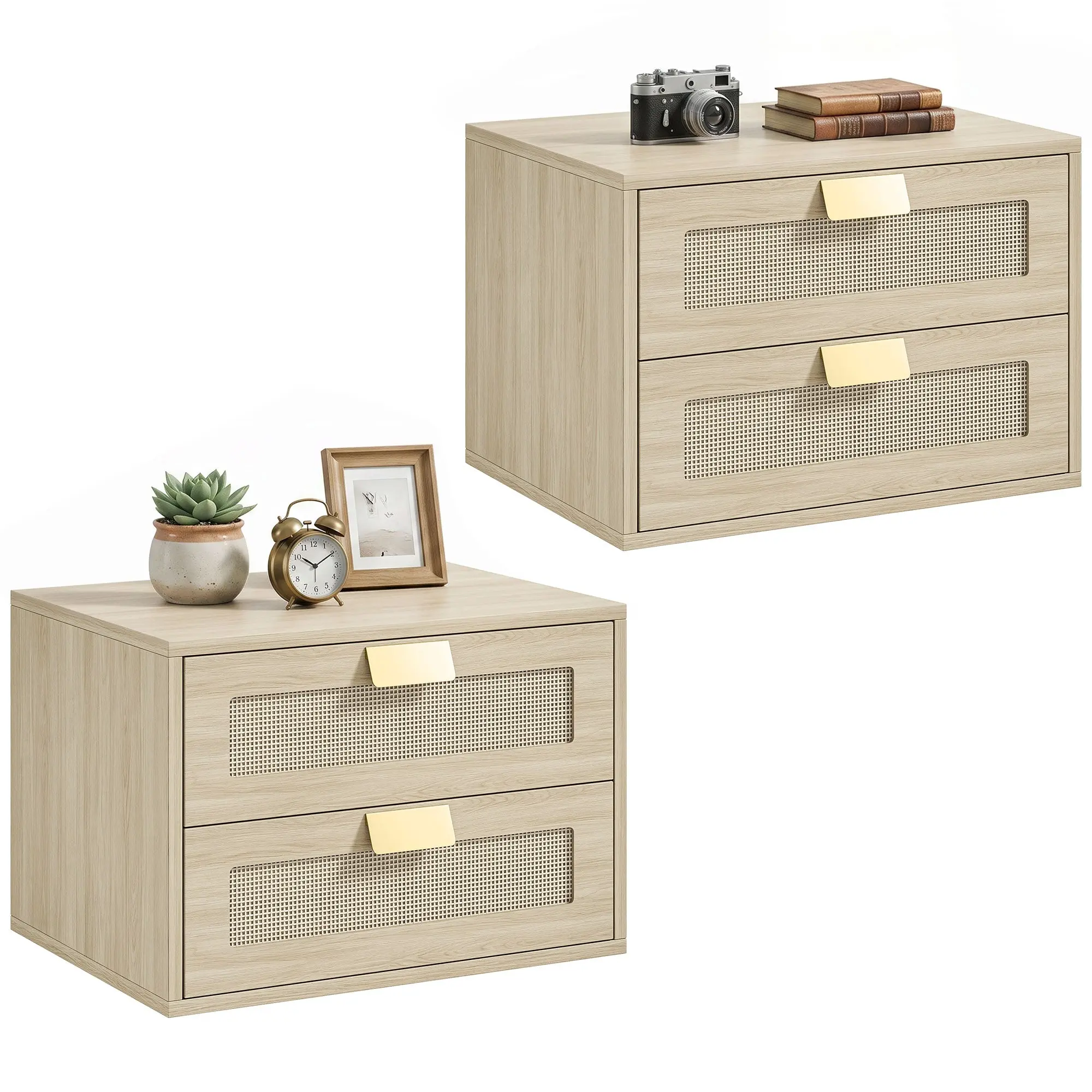 Floating Nightstands Set of 2, Wall-Mounted Bedside Tables with 2 Drawers in Oak