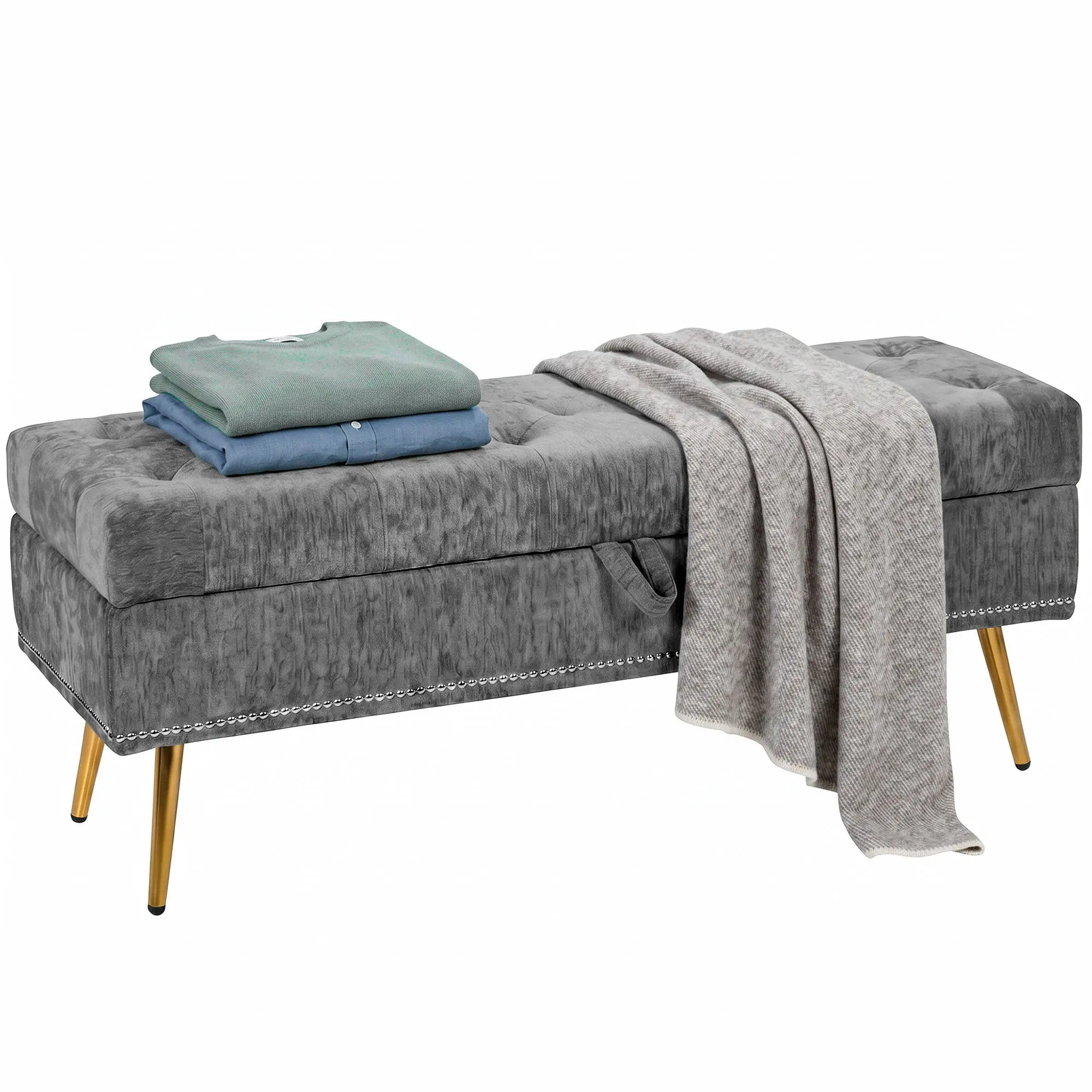 Upholstered Storage Ottoman with Padded Seat & Metal Legs, 114 x 41 x 45 cm, Grey