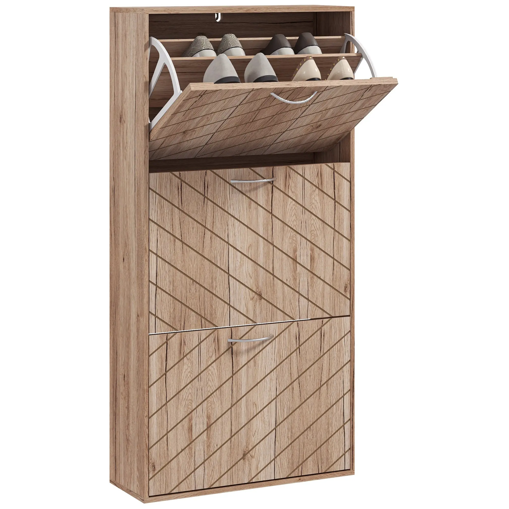 Narrow Slim Shoe Storage Cabinet with 3 Flip Drawers, Holds 12 Pair of Shoes, Nature Wood