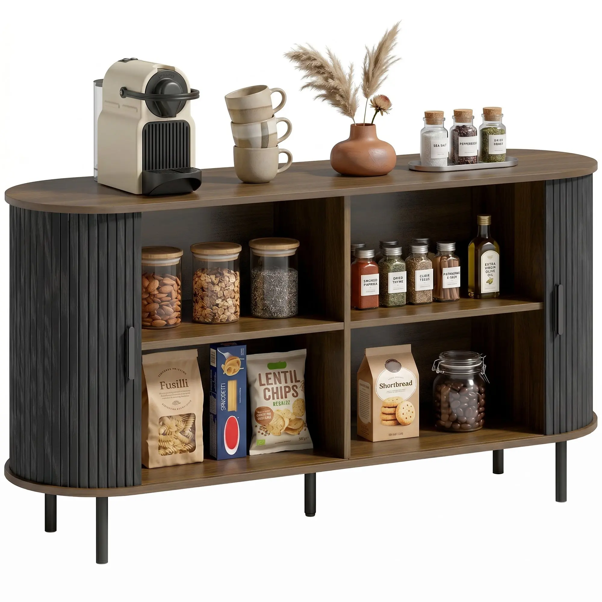 55" Fluted Sideboard with Sliding Doors and Adjustable Shelf, Black Wood Grain