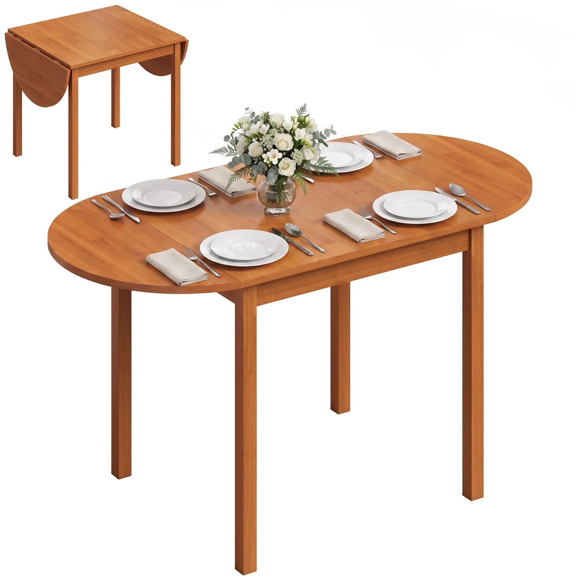 55" Solid Wood Oval Drop-Leaf Kitchen Table seats 4-6 with Folding Leaves Walnut