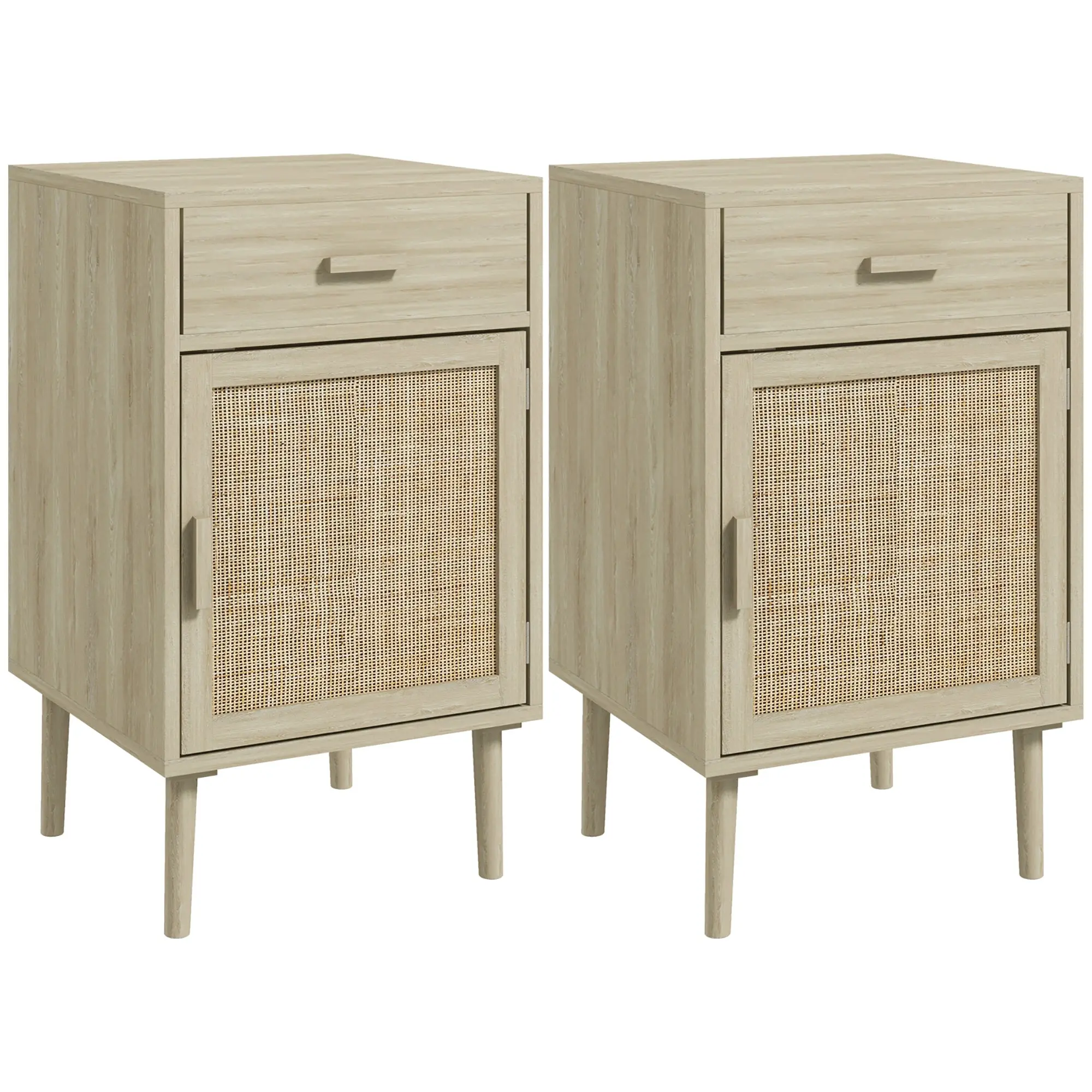 Boho Nightstands Set of 2, Rattan End Tables w/ Drawer, Cabinet & Adjustable Shelf, Oak