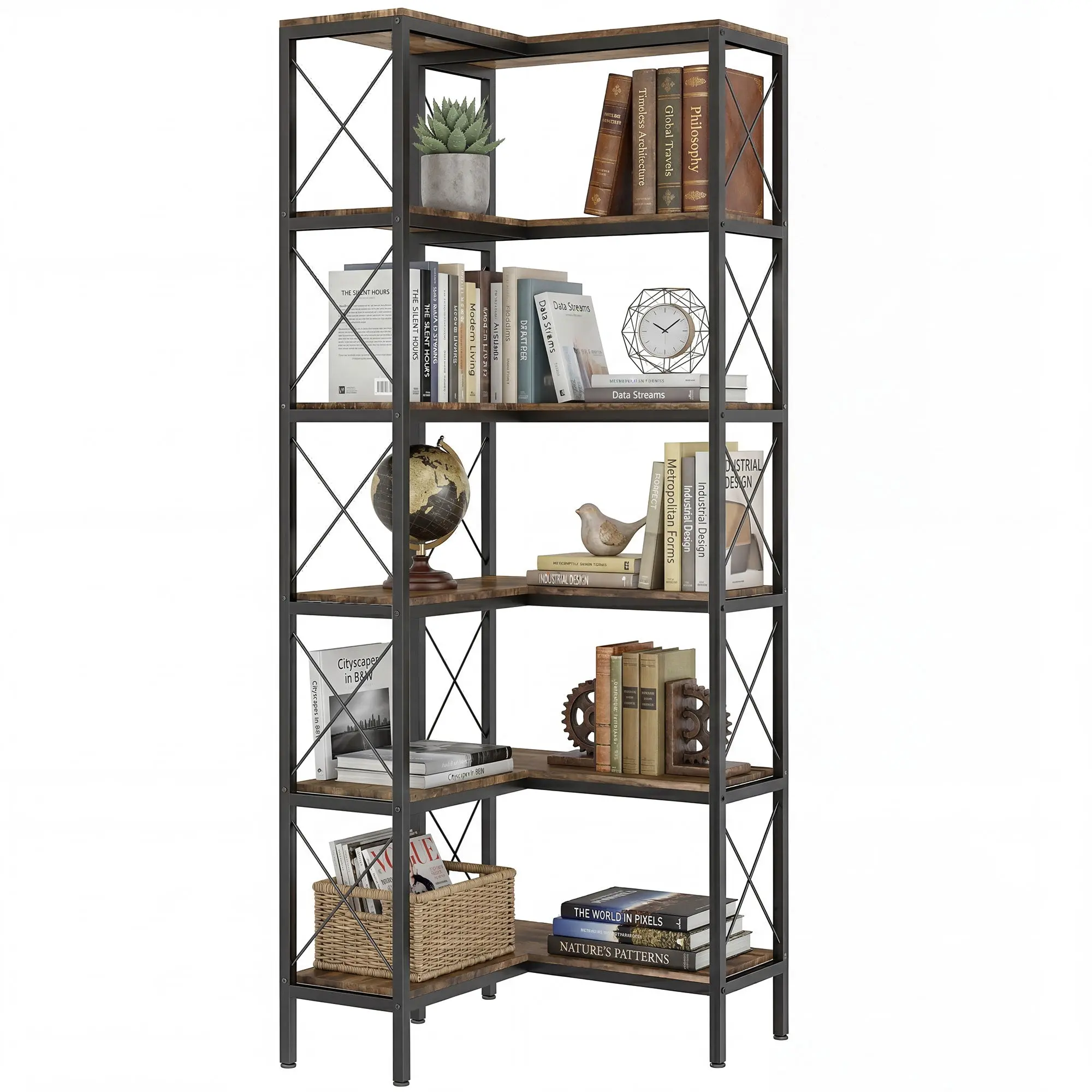 5-Tier L-Shaped Corner Bookshelf with Metal Frame for Living Room, Rustic Brown
