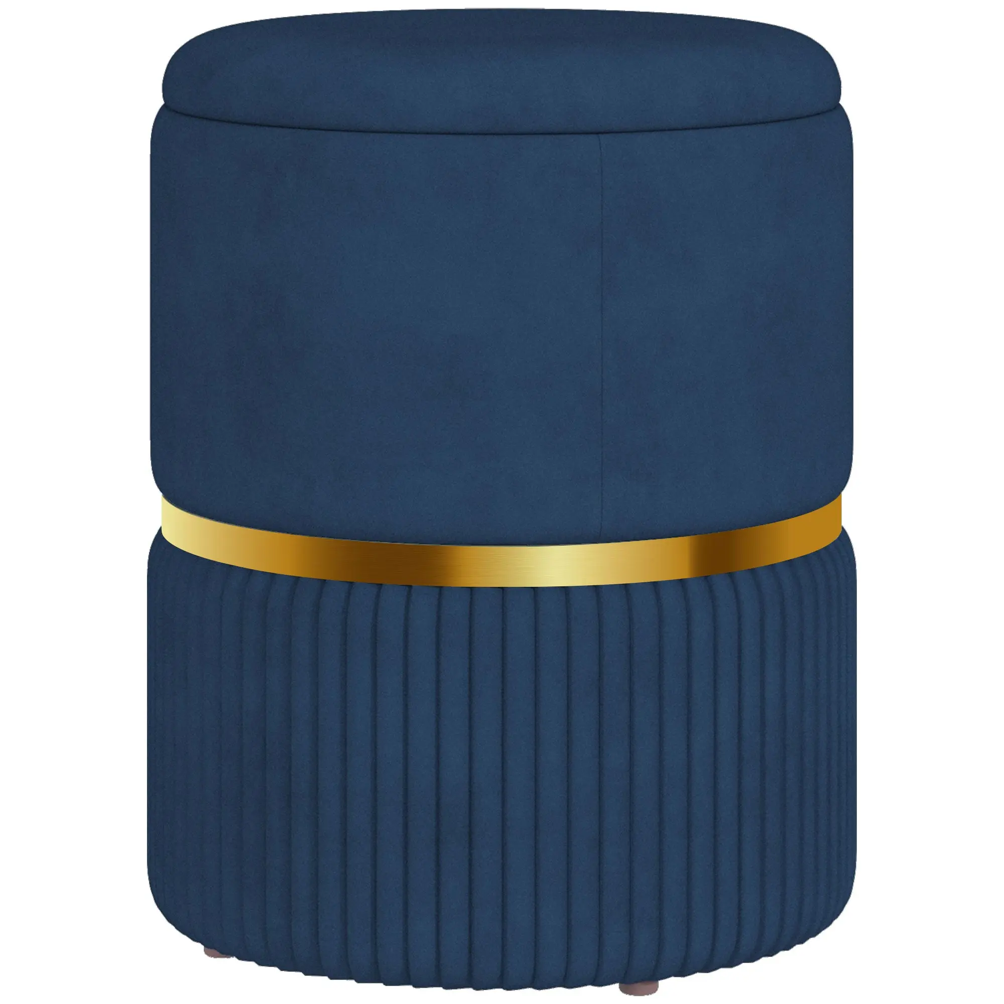 Round Velvet-Feel Storage Pouffe with Removable Top and Padded Seat, Dark Blue