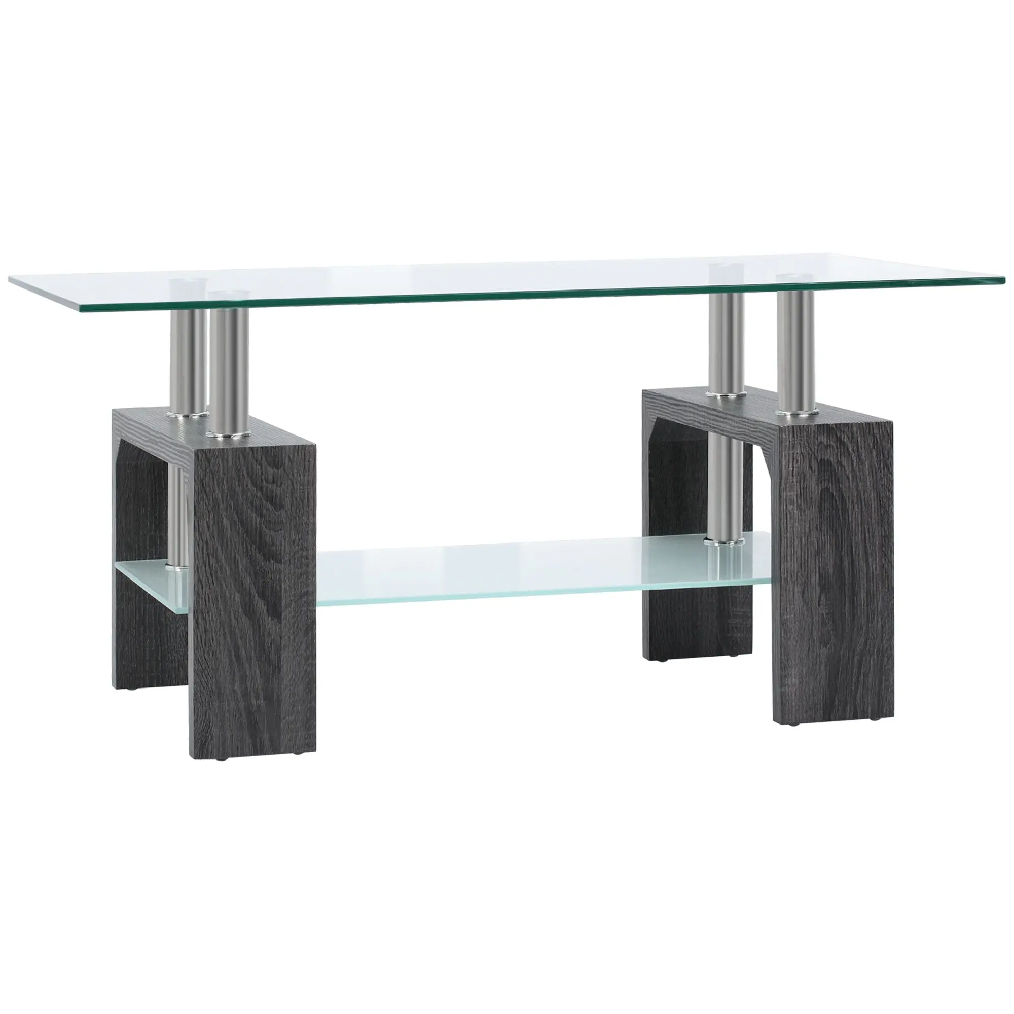 2-Tier Rectangle Glass Coffee Table with Storage Shelf, Grey
