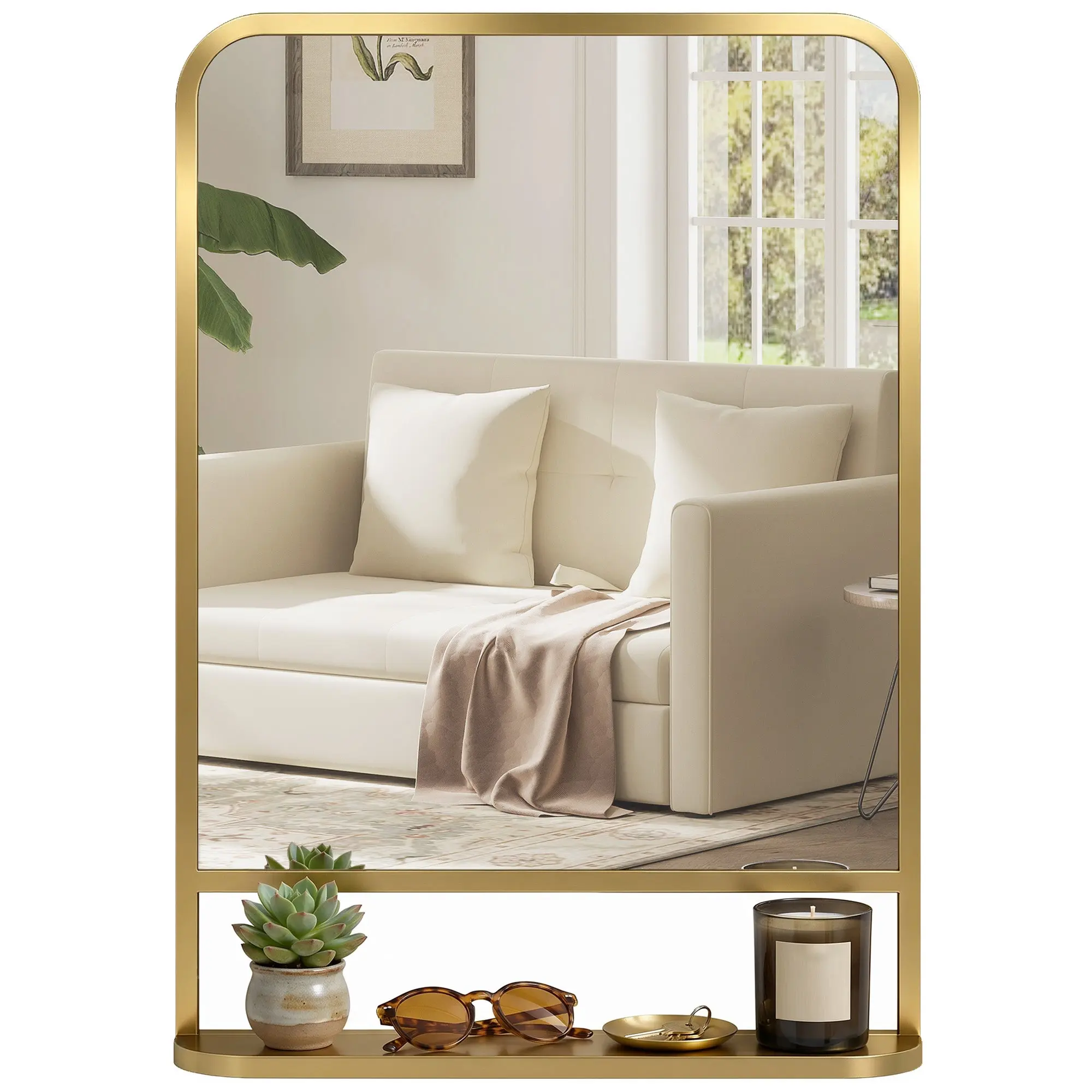 Modern Rectangular Wall Mirror with Built-in Storage Shelf, 70 x 50 cm, Gold Tone