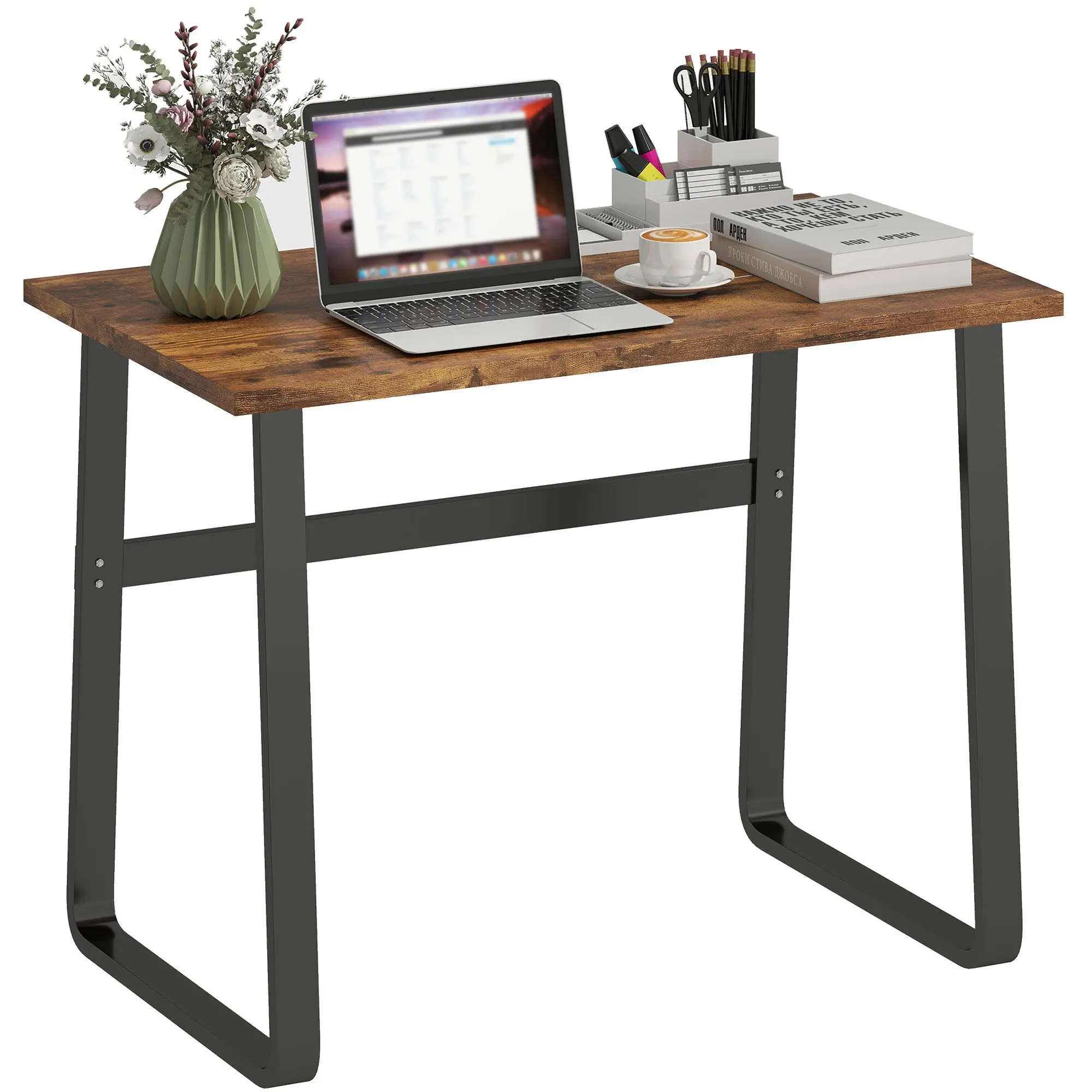 Industrial Writing Desk with Steel Frame & Wood Top, 100 x 58 x 74.5 cm, Rustic Brown and Black