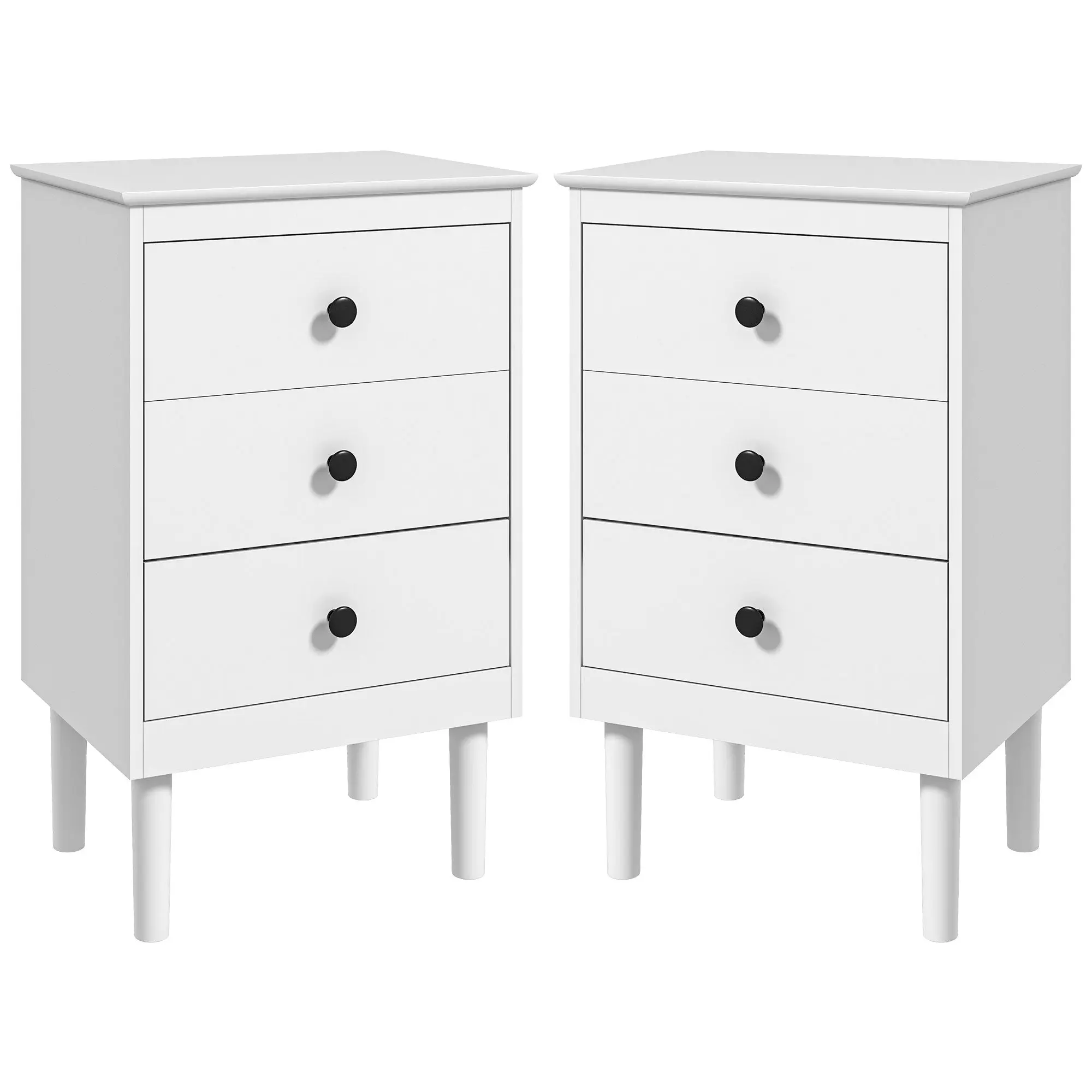 Bedside Table with 3 Drawers, Set of 2, Modern Sofa Side Table for Living Room, White