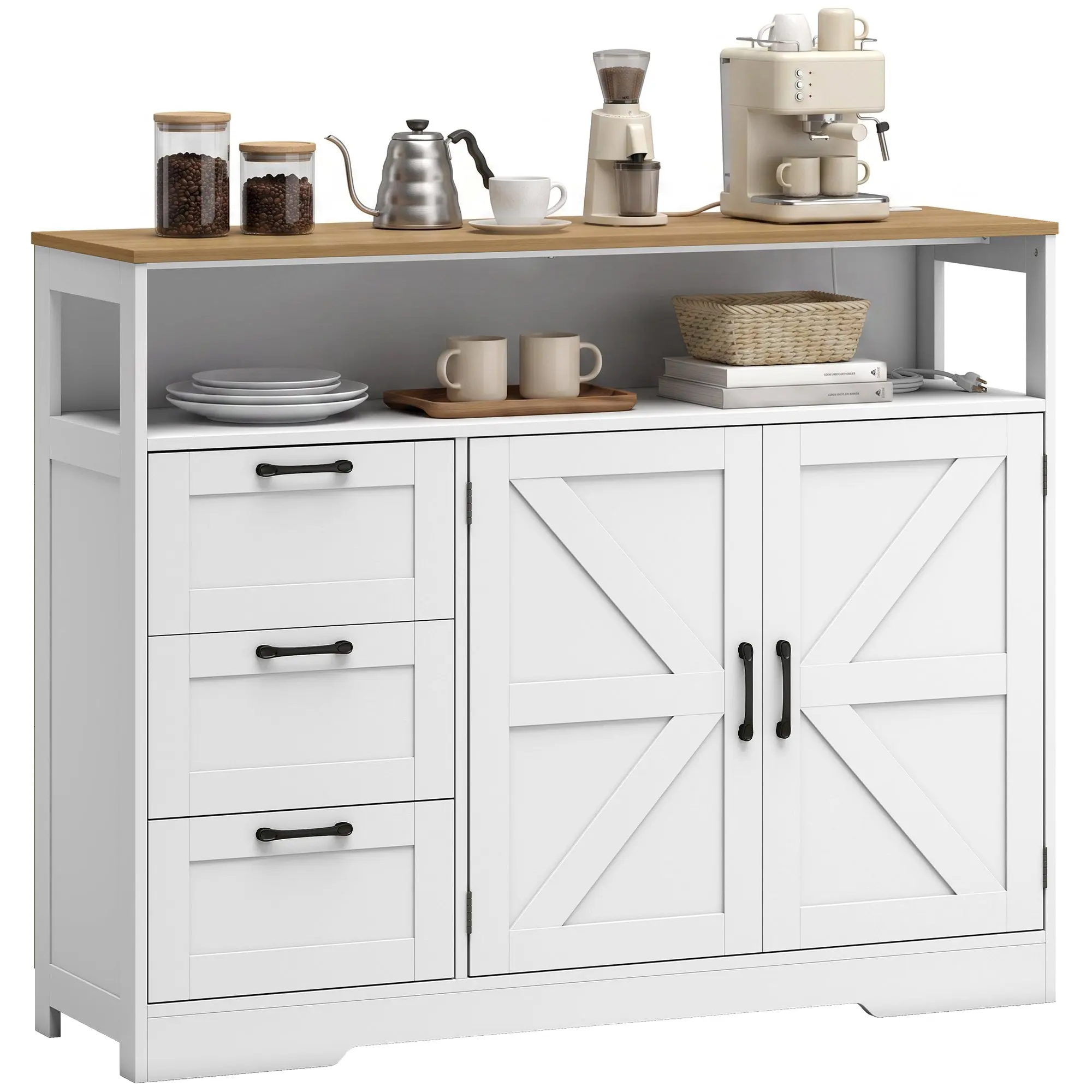 48" Farmhouse Sideboard with Charging Station, 3 Drawers & Open Shelf, White