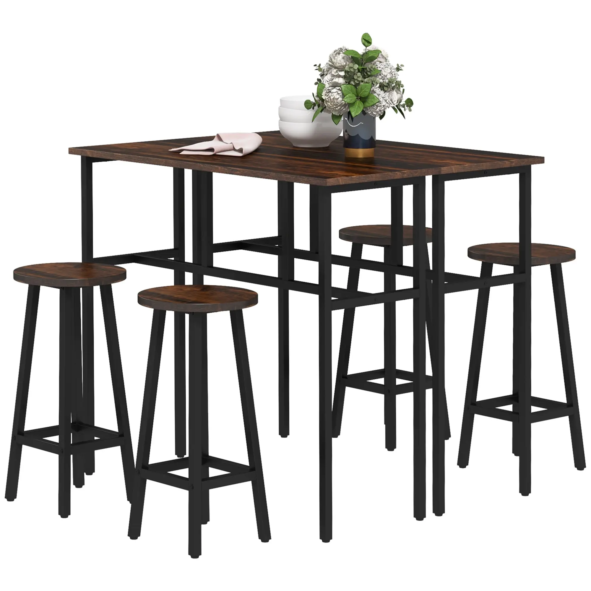 6-Piece Bar Table Set with 2 Counter Height Dining Tables & 4 Bar Stools, Rustic Brown