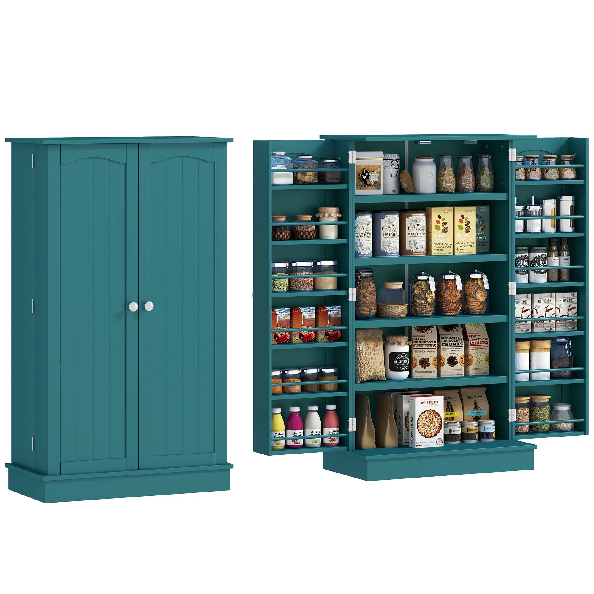 41" Kitchen Pantry Cabinet, 2-Door Buffet Storage Cabinet with 12 Spice Racks and Adjustable Shelves, Teal Blue