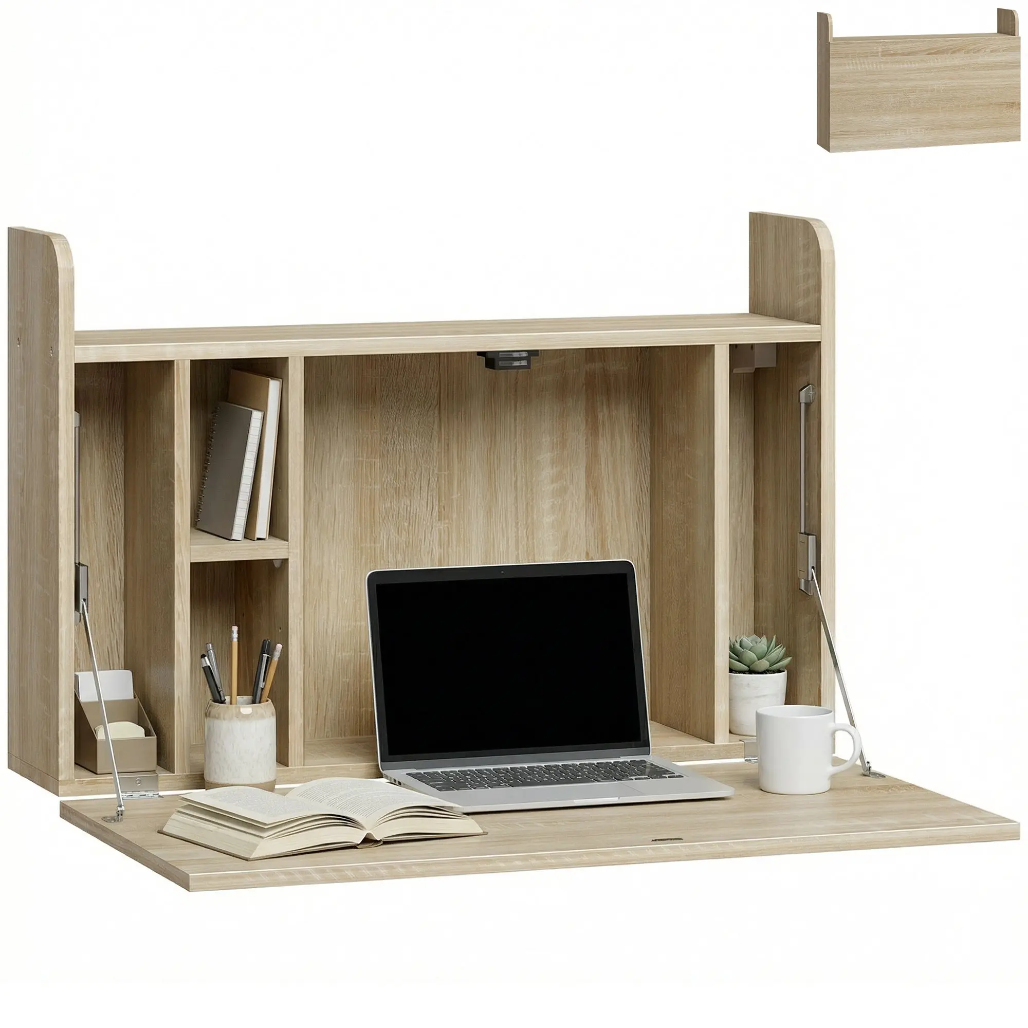 Wall Mounted Desk, Drop Leaf Floating Laptop Desk with Space Saving Storage Compartments for Home Office and Study, 77cm x 20cm x 51cm, Oak