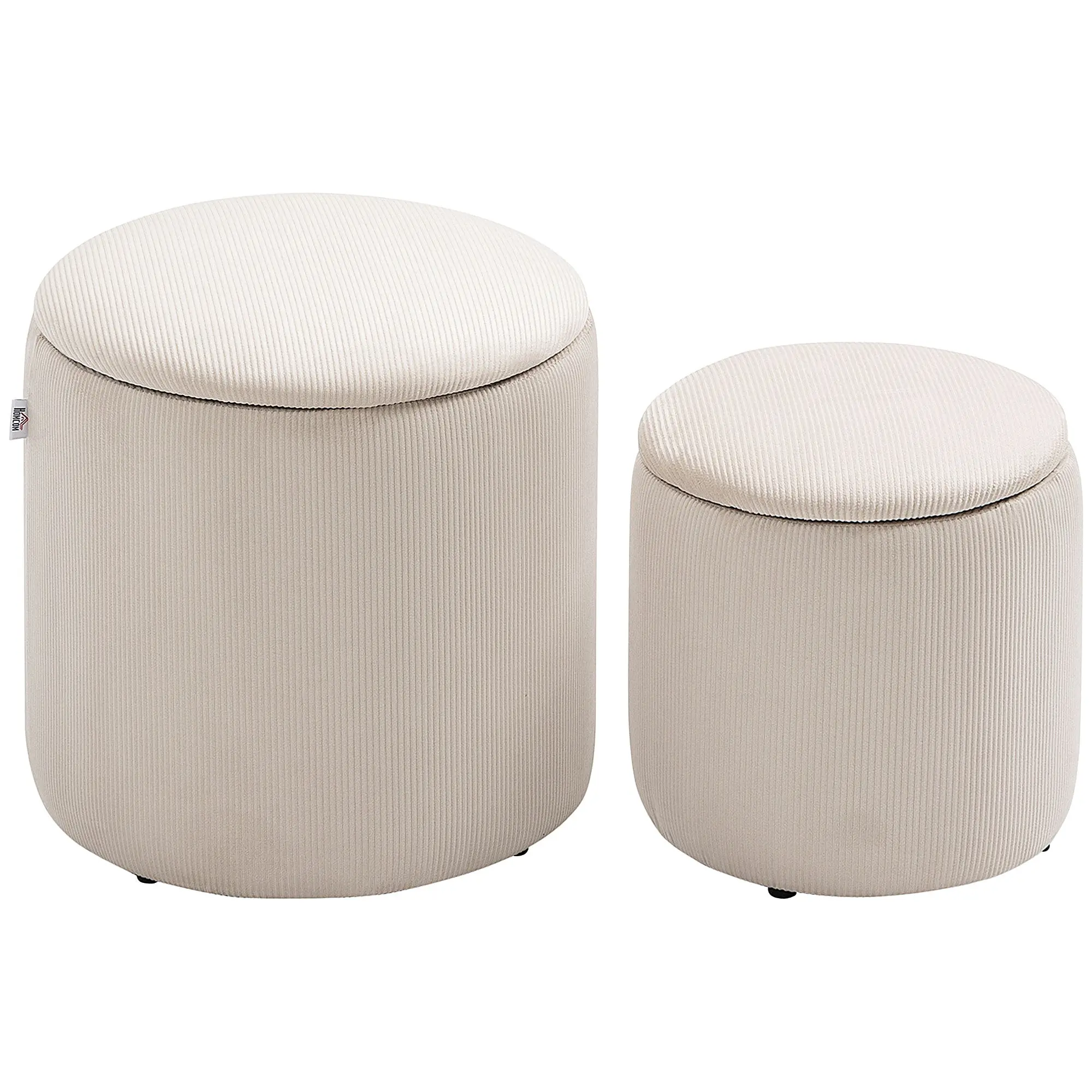 Set of 2 Corduroy Storage Ottomans with Removable Wood Lids, Cream White
