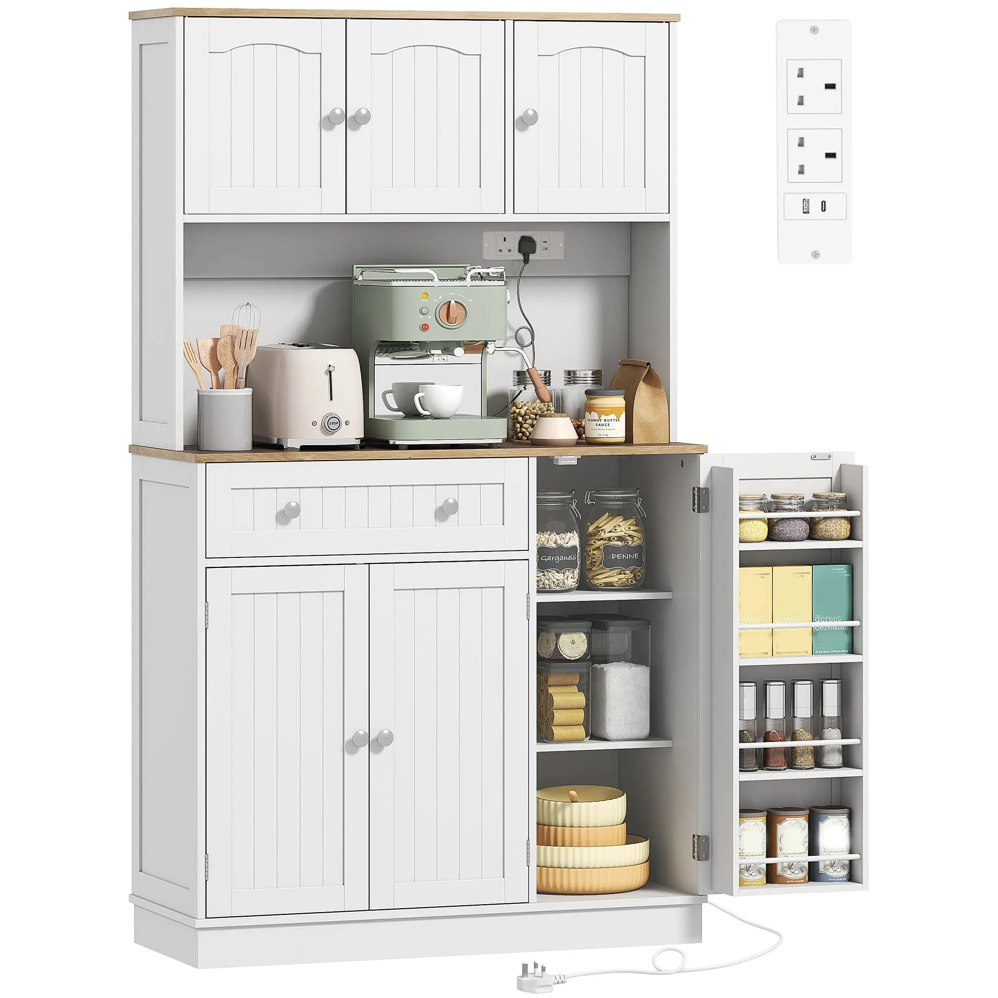173 cm Pantry Cabinet with Charging Station, Door Racks & Microwave Shelf, White