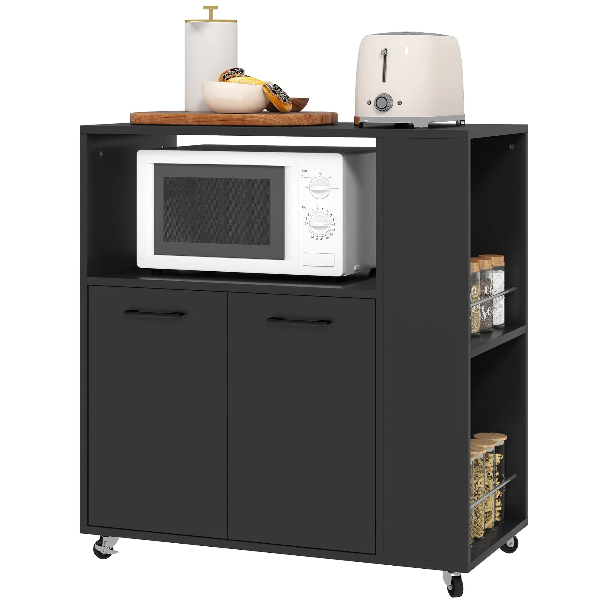 Rolling Kitchen Island Cart with 2-Door Cabinet, Spice Rack & Adjustable Shelf, Black