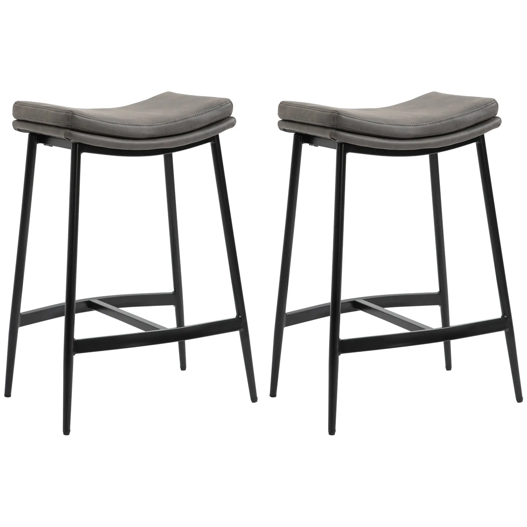 Industrial Bar Stools Set of 2, Microfibre Bar Chairs with Curved Seat, Grey