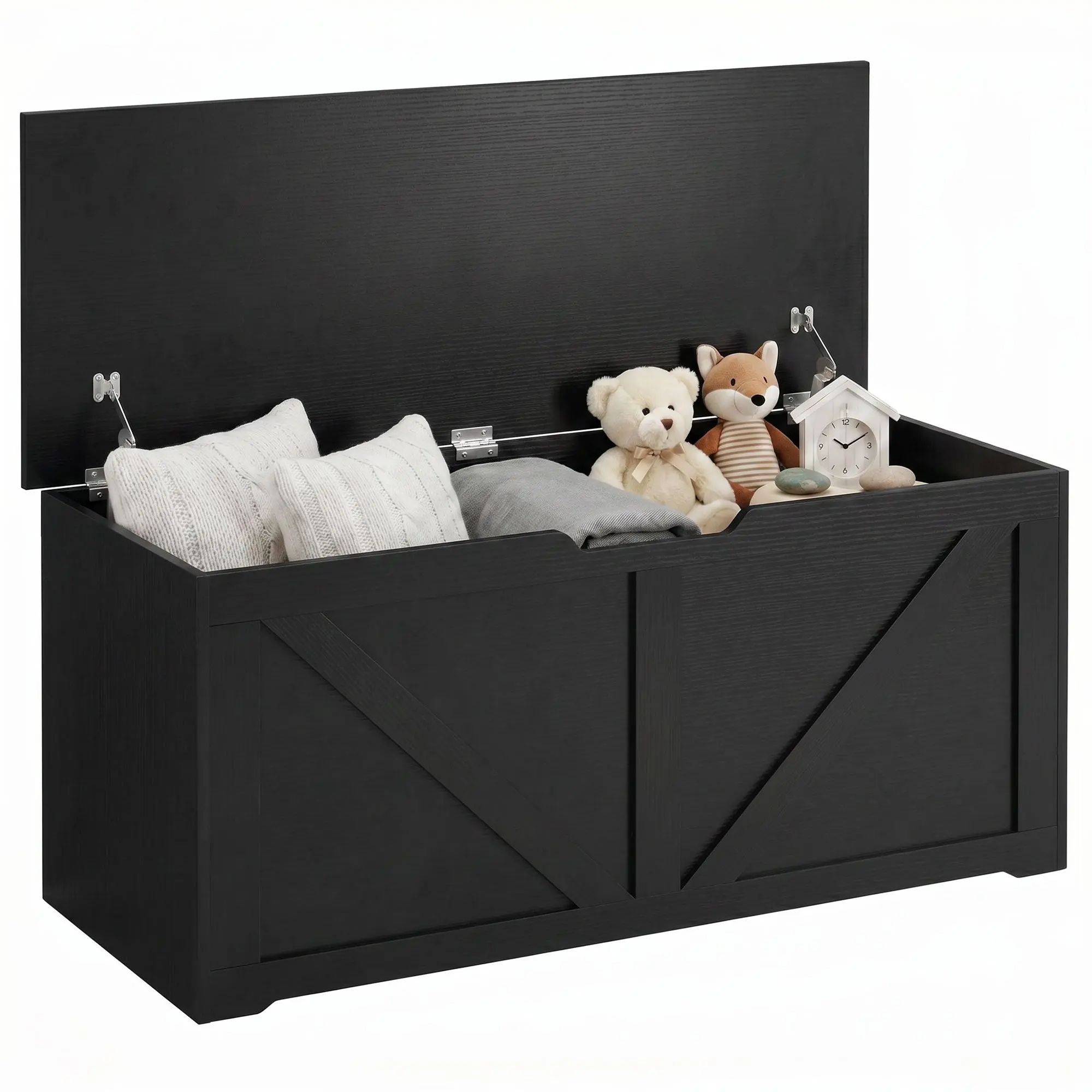 Storage Bench with 2 Safety Hinges & U-Shaped Cutout, 39.4\", Black Wood Grain