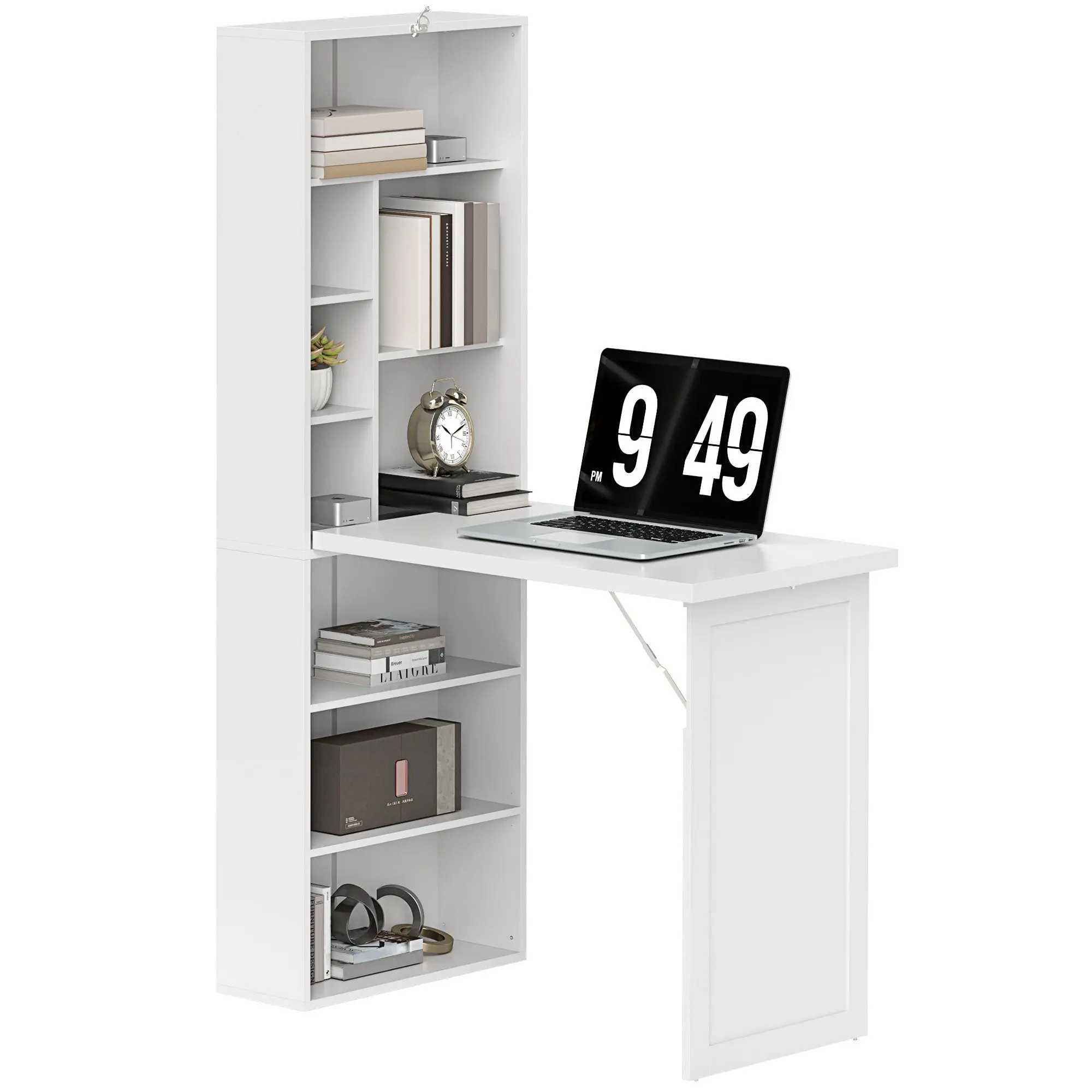Wall Mounted Computer Desk, Folding Study Table with White Board and Bookshelf, Multifunctional Floating Writing Desk for Home Office, White