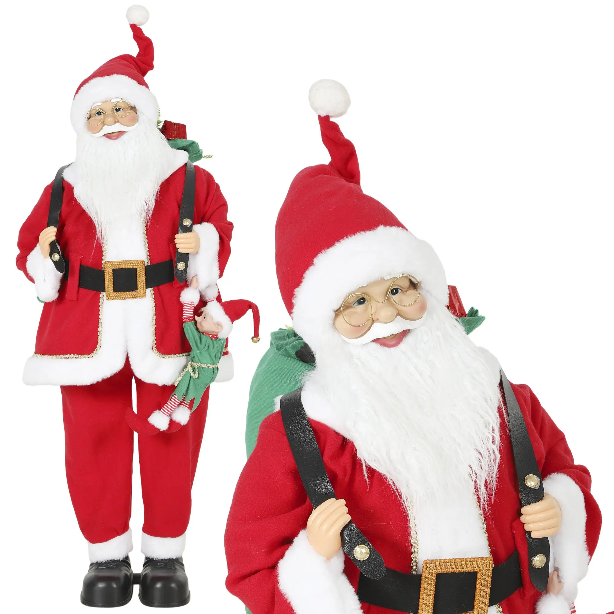 4ft 120 cm Life-Size Singing and Dancing Santa with Sack and Hanging Elf, Sound-Activated