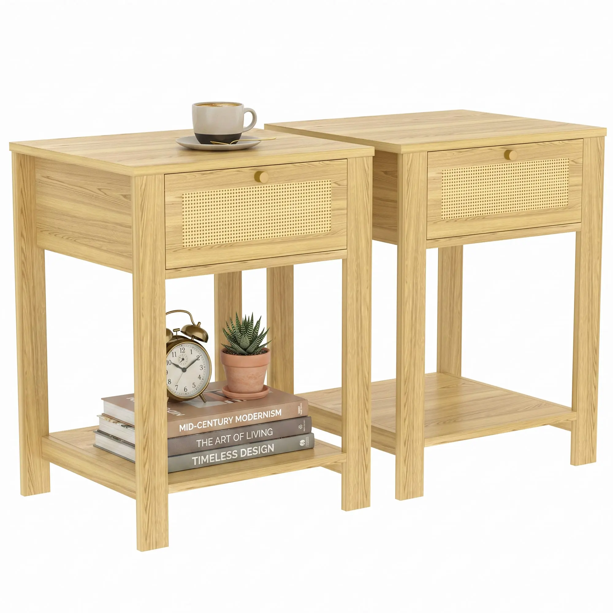 Nightstand Set of 2 with Drawer & Open Shelf, Natural Wood for Bedroom