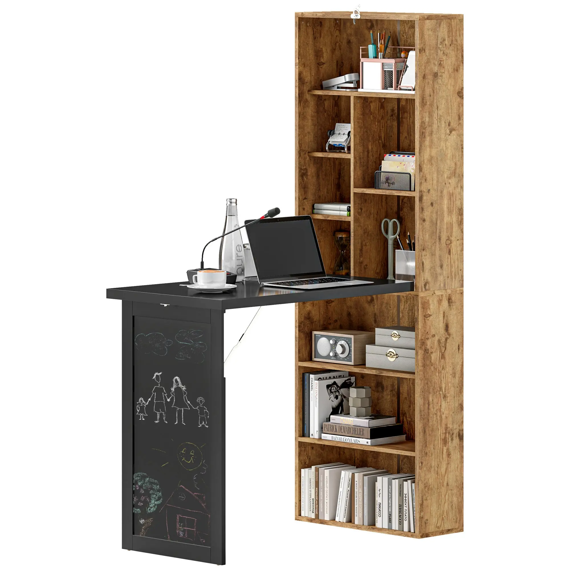Wall Mounted Computer Desk, Folding Study Table with Black Board and Bookshelf, Rustic Brown