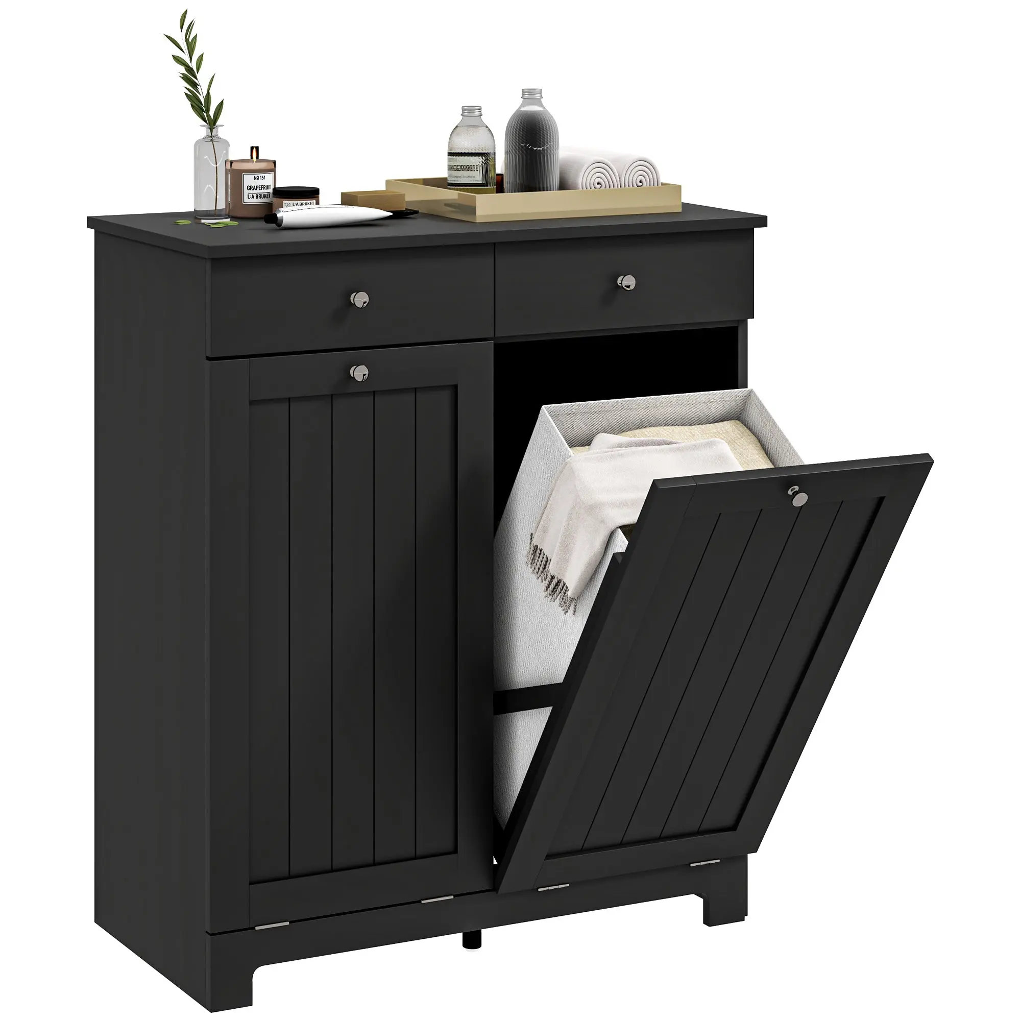Laundry Hamper Cabinet with 2 Tilt-Out Baskets and 2 Drawers, Black